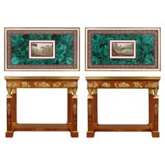 Important and Very Rare Pair of Micromosaic, Malachite and Walnut Console Tables