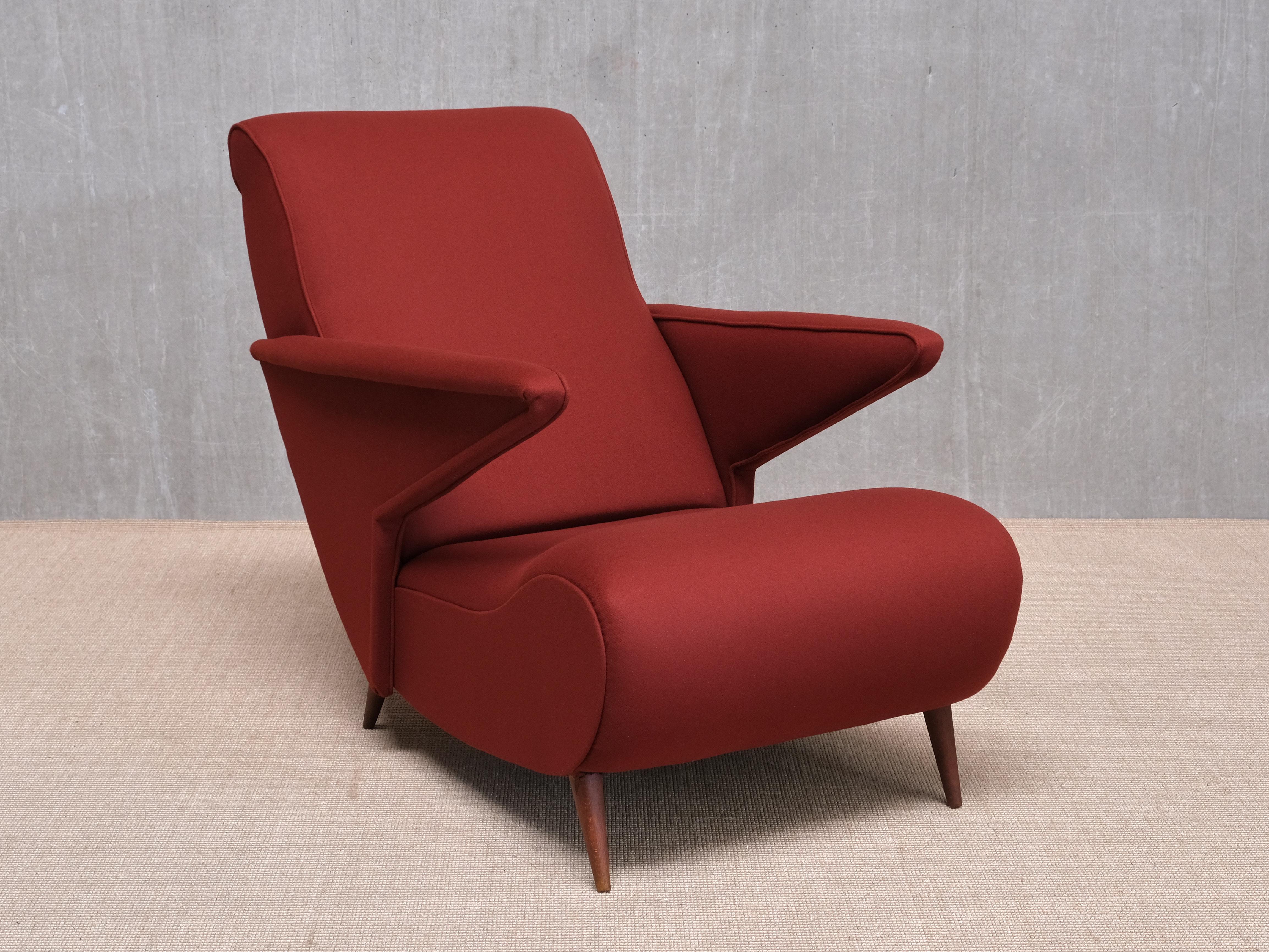 Mid-Century Modern Important Angelo Banfi Reclining Armchair in Dedar Wool and Walnut, Italy, 1944 For Sale
