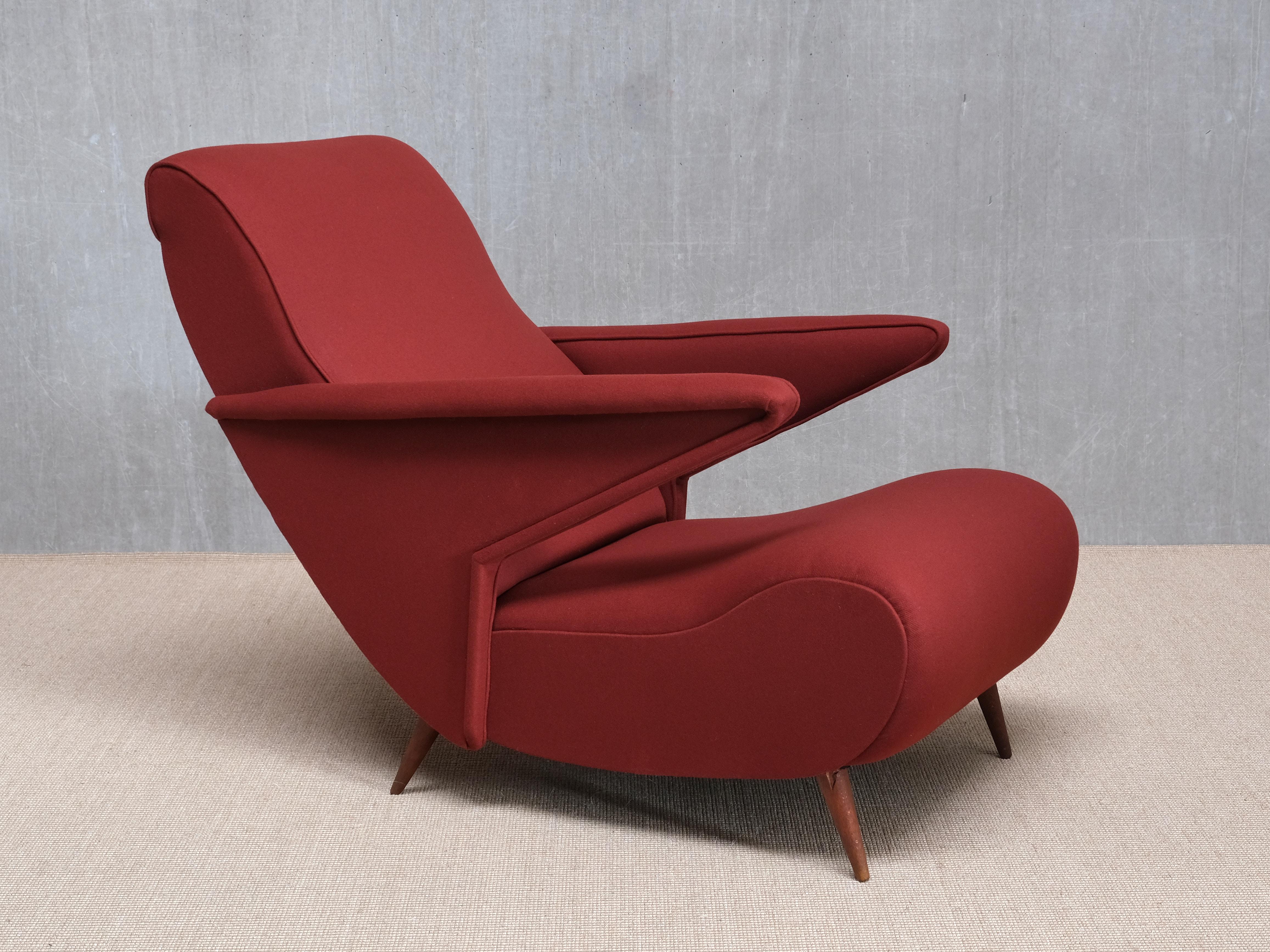 Italian Important Angelo Banfi Reclining Armchair in Dedar Wool and Walnut, Italy, 1944 For Sale