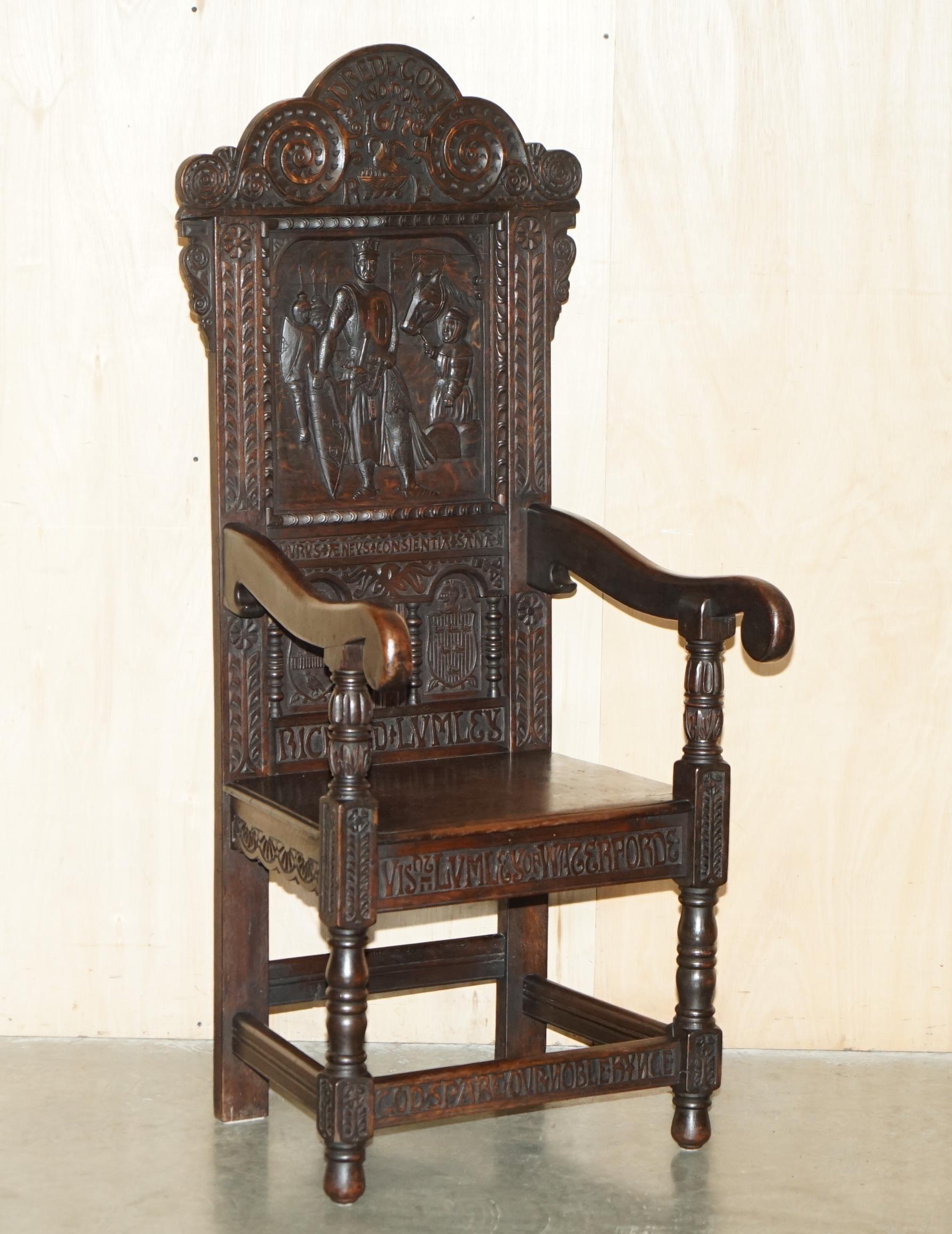 Royal House Antiques

Royal House Antiques are delighted to offer for sale this absolutely stunning, highly collectable, extra large Throne armchair dated 1615 to the top with a large carved plaque of Richard the Lionheart along with various verses