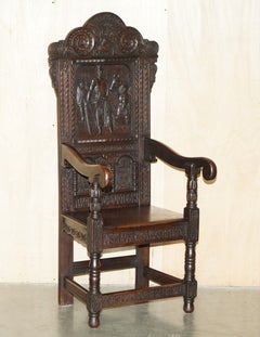 IMPORTANT ANTiQUE 1615 DATED HAND CARVED RICHARD THE LIONHEART THRONE ARMCHAIR