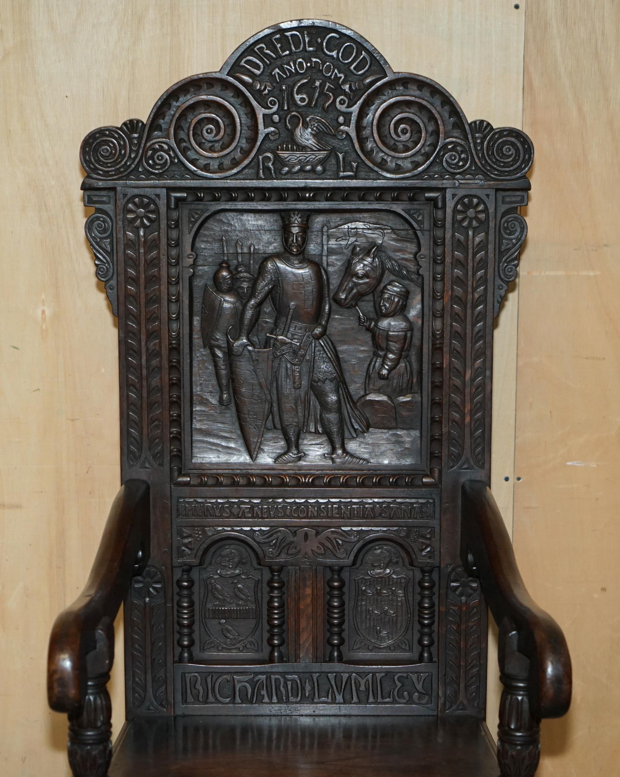 English IMPORTANT ANTiQUE 1615 DATED HAND CARVED RICHARD THE LIONHEART THRONE ARMCHAIR For Sale