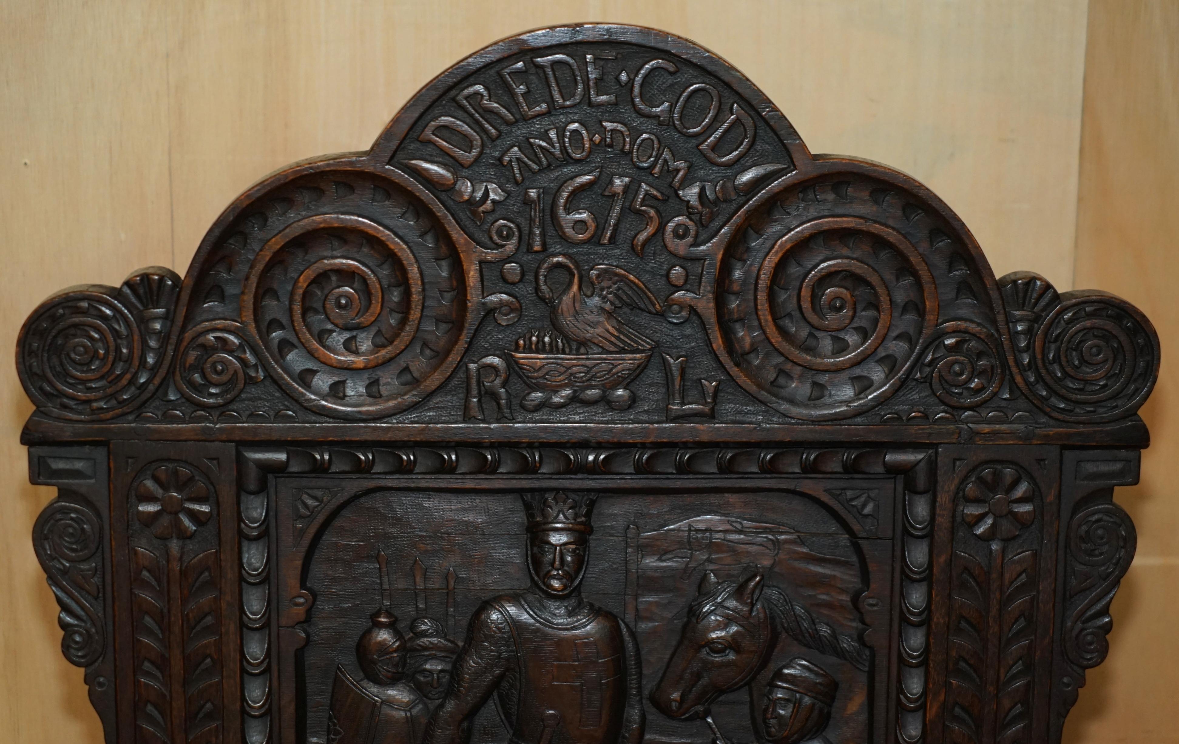 Hand-Crafted IMPORTANT ANTiQUE 1615 DATED HAND CARVED RICHARD THE LIONHEART THRONE ARMCHAIR For Sale