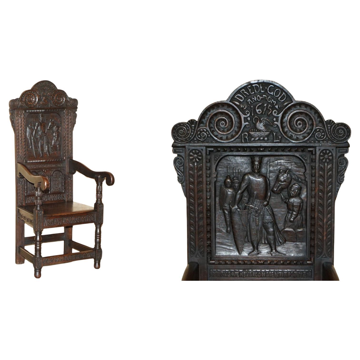 IMPORTANT ANTiQUE 1615 DATED HAND CARVED RICHARD THE LIONHEART THRONE ARMCHAIR For Sale