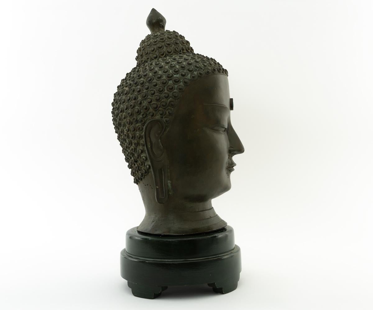 Important Signed Bronze Head of Buddha with Turquoise In Good Condition In Laguna Beach, CA