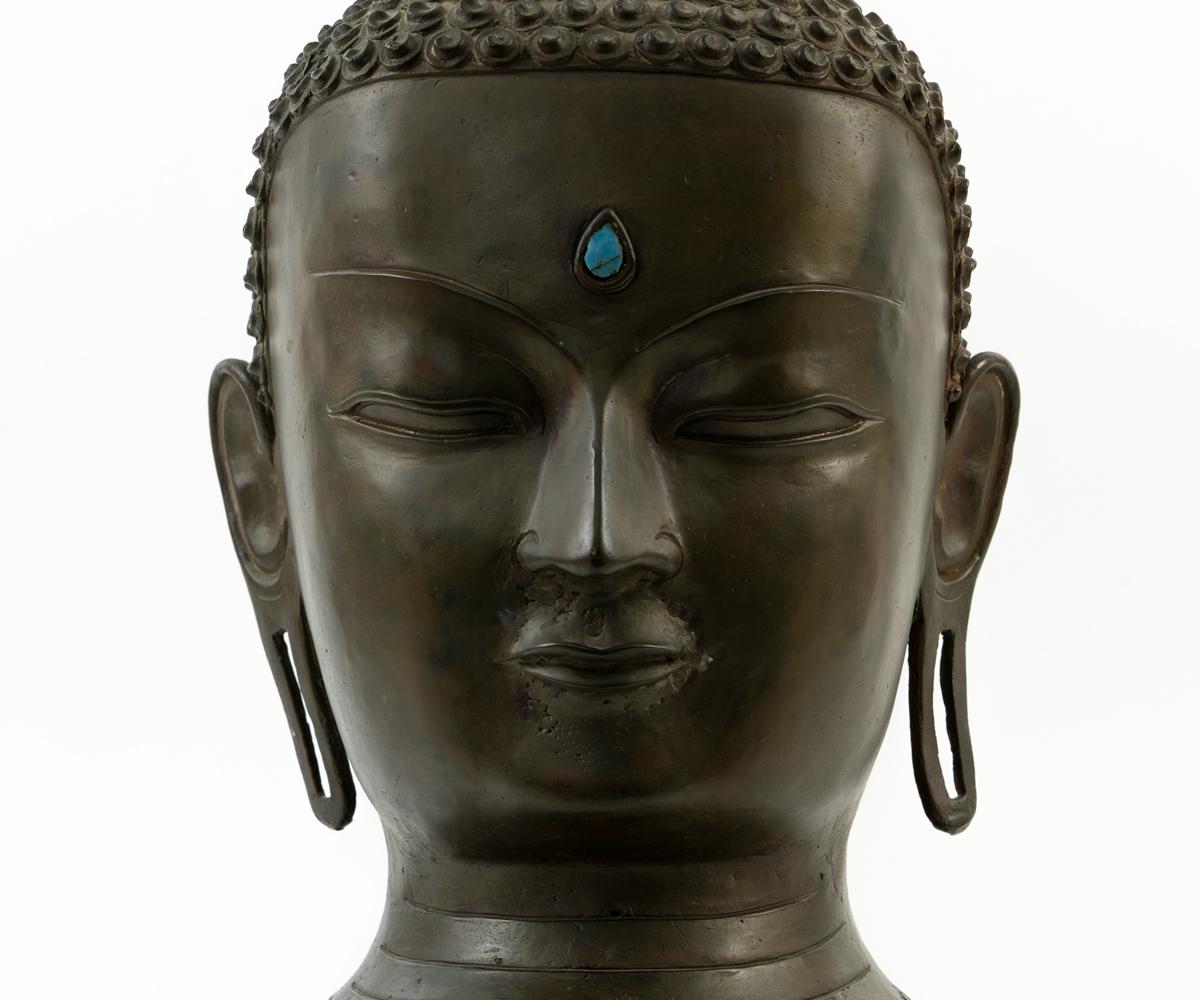 20th Century Important Signed Bronze Head of Buddha with Turquoise