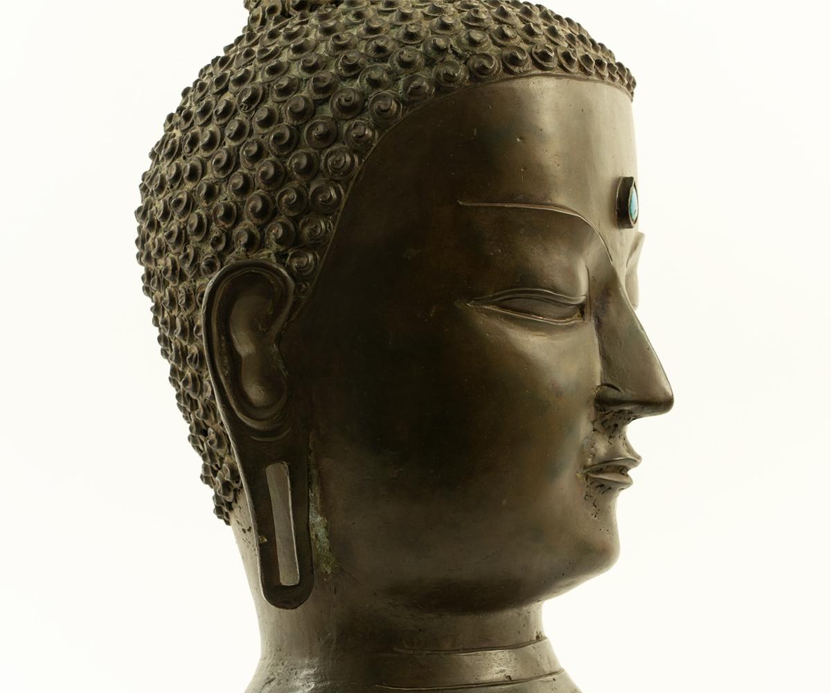 Important Signed Bronze Head of Buddha with Turquoise 2