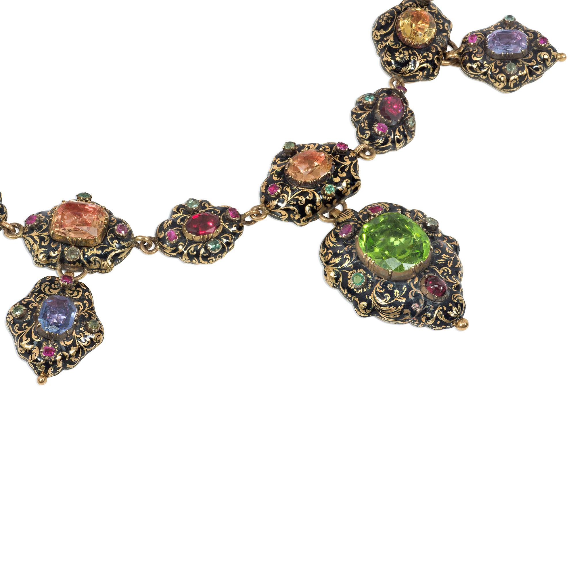 Georgian Important Antique Early-19th Century Swiss Enamel, Gold, and Multi-Gem Necklace For Sale
