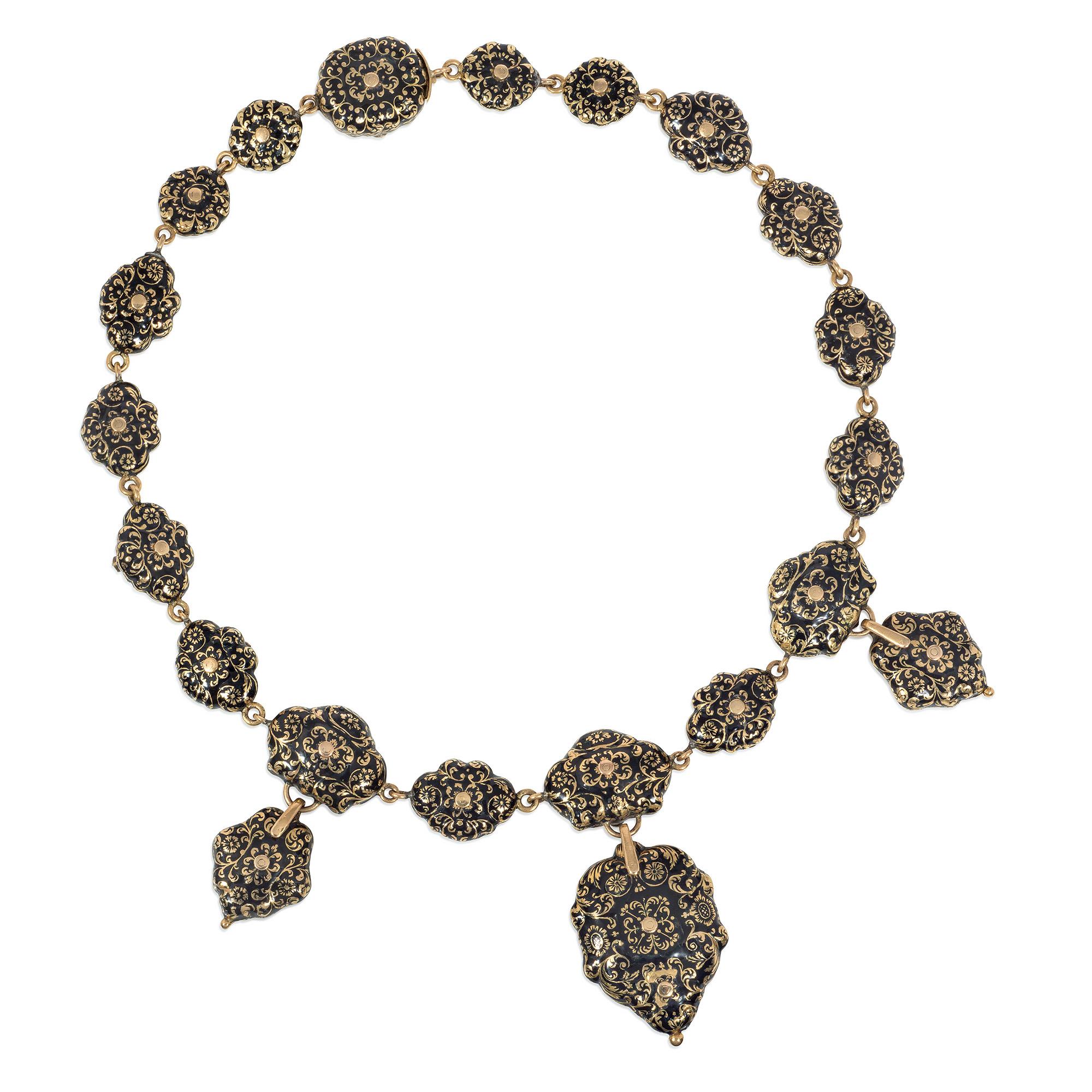 Wichtige antike schweizer Emaille-, Gold- und Multi-Gem-Halskette aus dem frühen 19. Jahrhundert (Alteuropäischer Brillantschliff) im Angebot