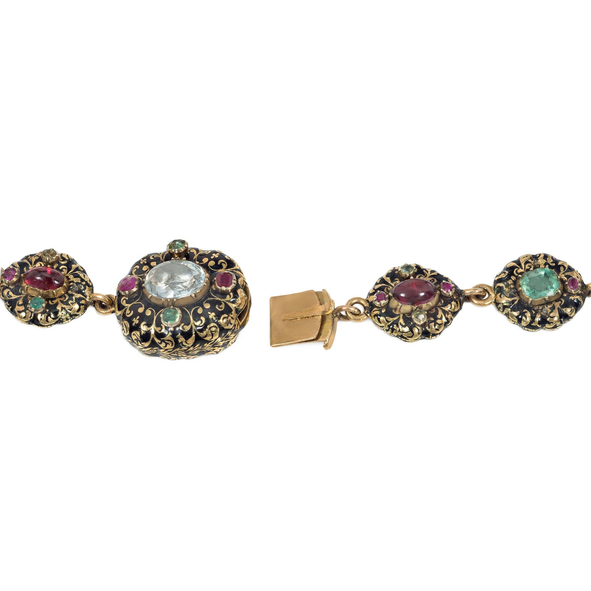 Important Antique Early-19th Century Swiss Enamel, Gold, and Multi-Gem Necklace In Good Condition For Sale In New York, NY