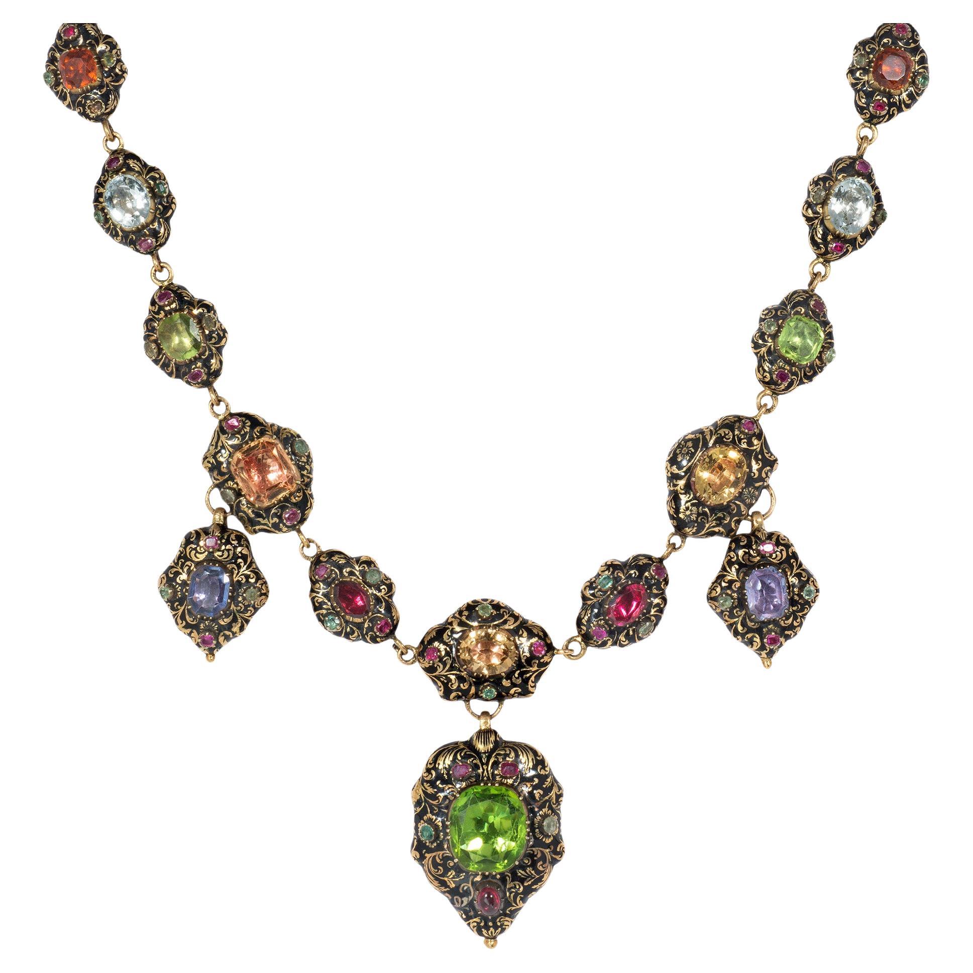 Important Antique Early-19th Century Swiss Enamel, Gold, and Multi-Gem Necklace For Sale