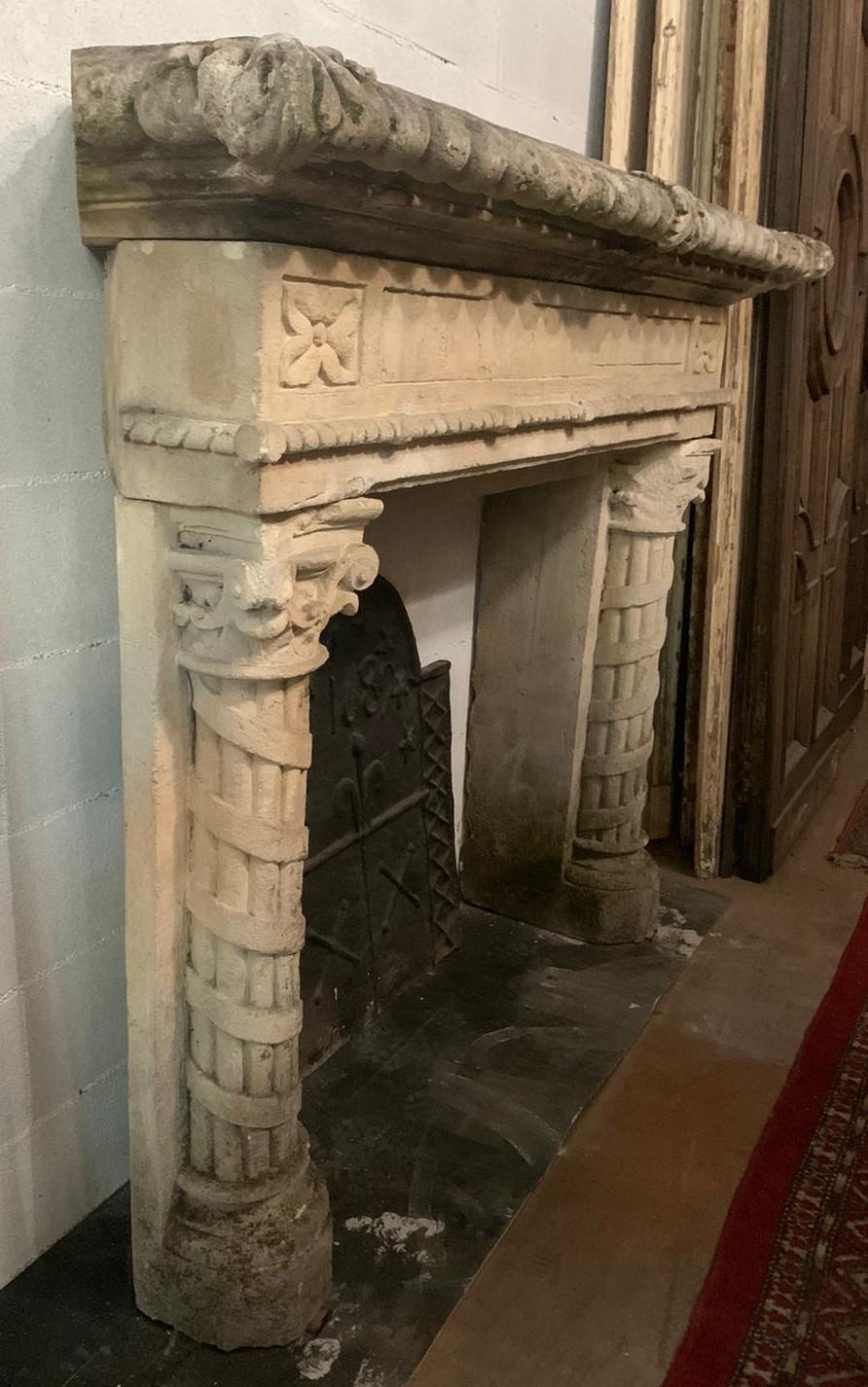 Important Antique Fireplace Mantle in Stone, Hand Carved Columns, '800 Italy For Sale 5