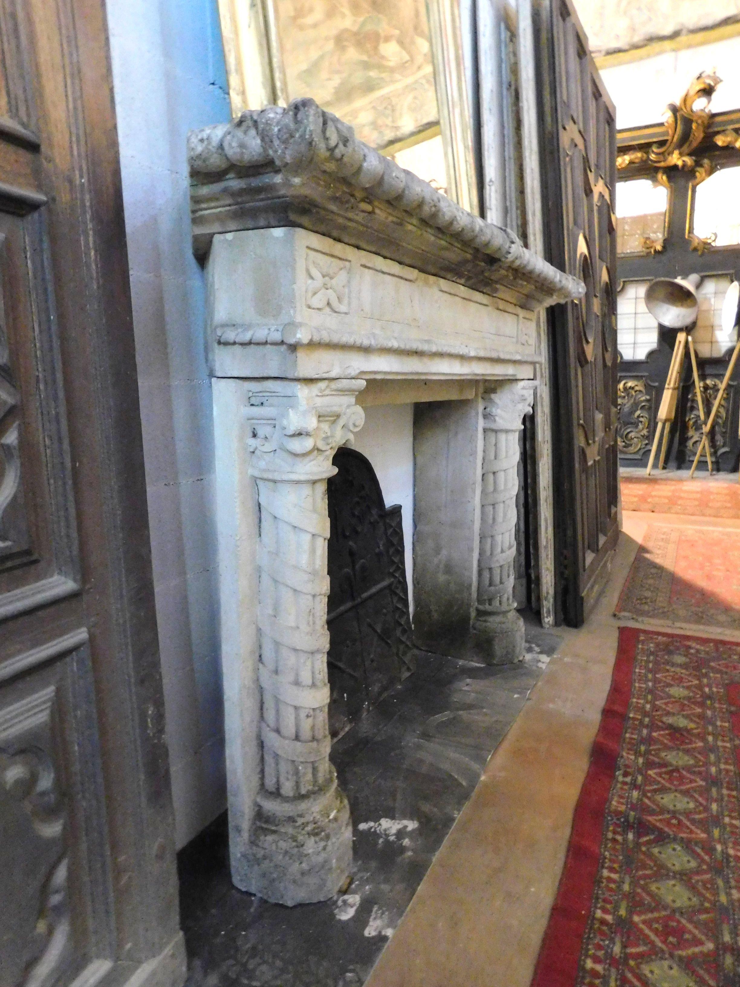 Italian Important Antique Fireplace Mantle in Stone, Hand Carved Columns, '800 Italy For Sale
