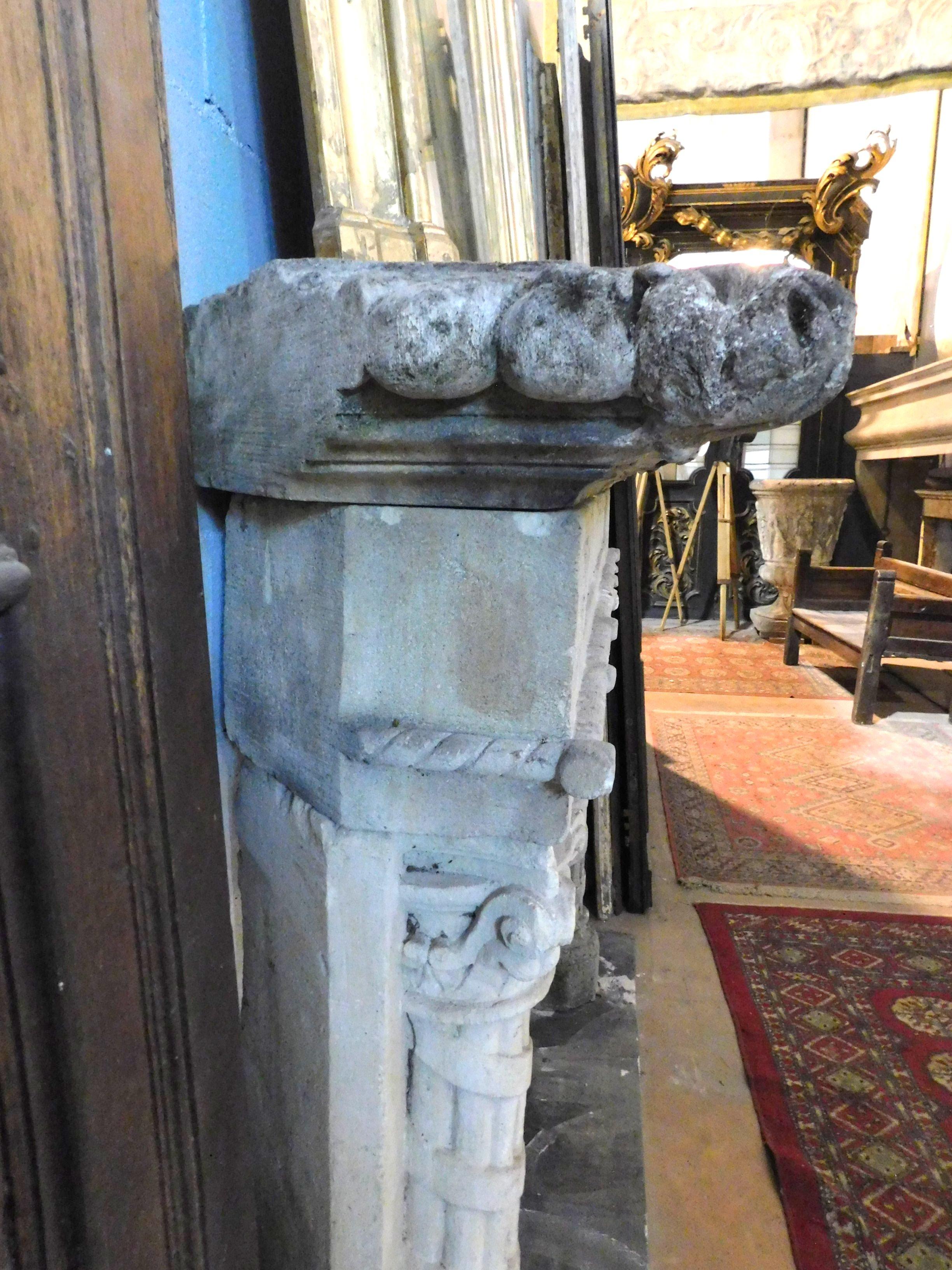 Hand-Carved Important Antique Fireplace Mantle in Stone, Hand Carved Columns, '800 Italy For Sale