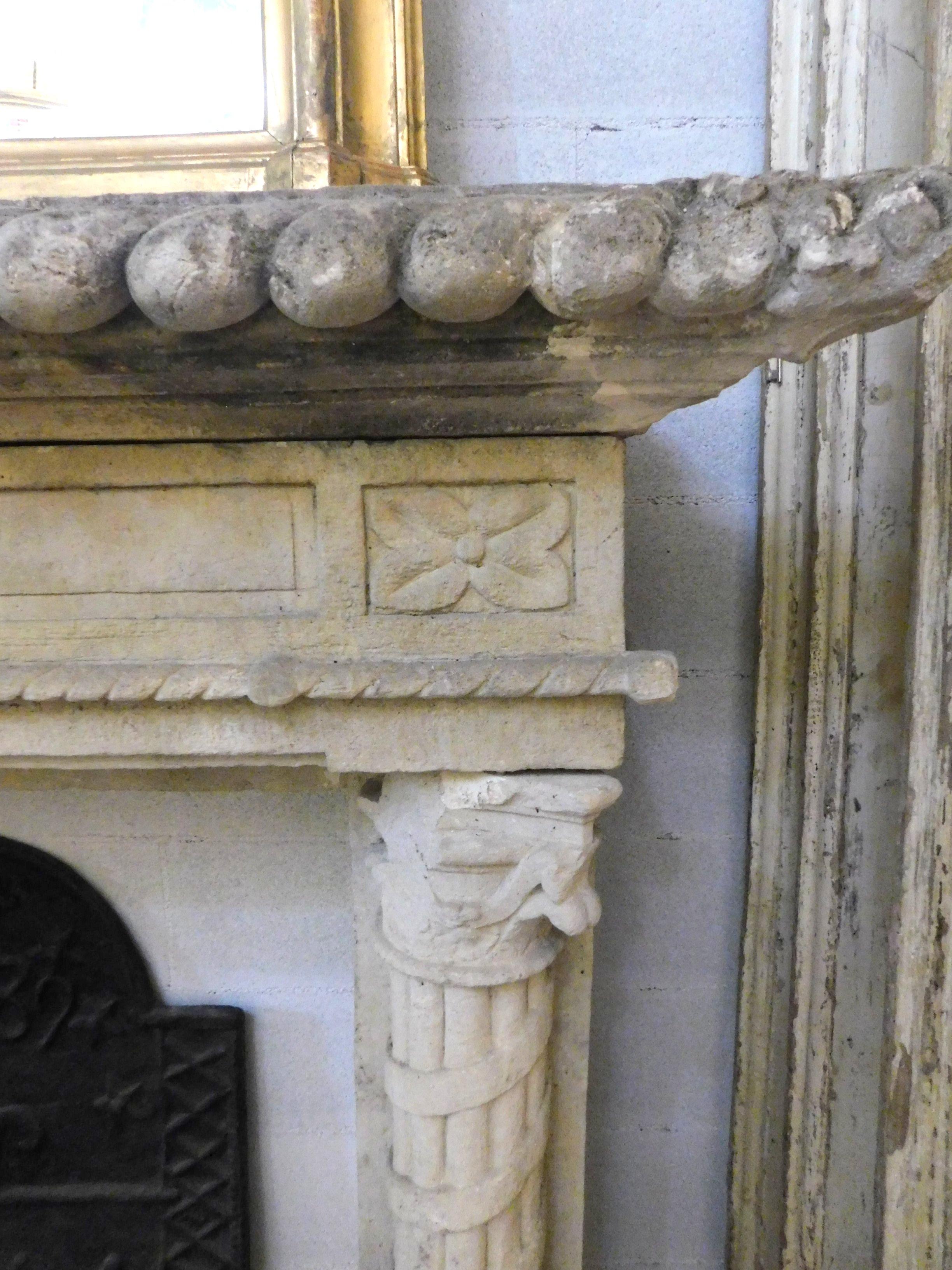 19th Century Important Antique Fireplace Mantle in Stone, Hand Carved Columns, '800 Italy For Sale