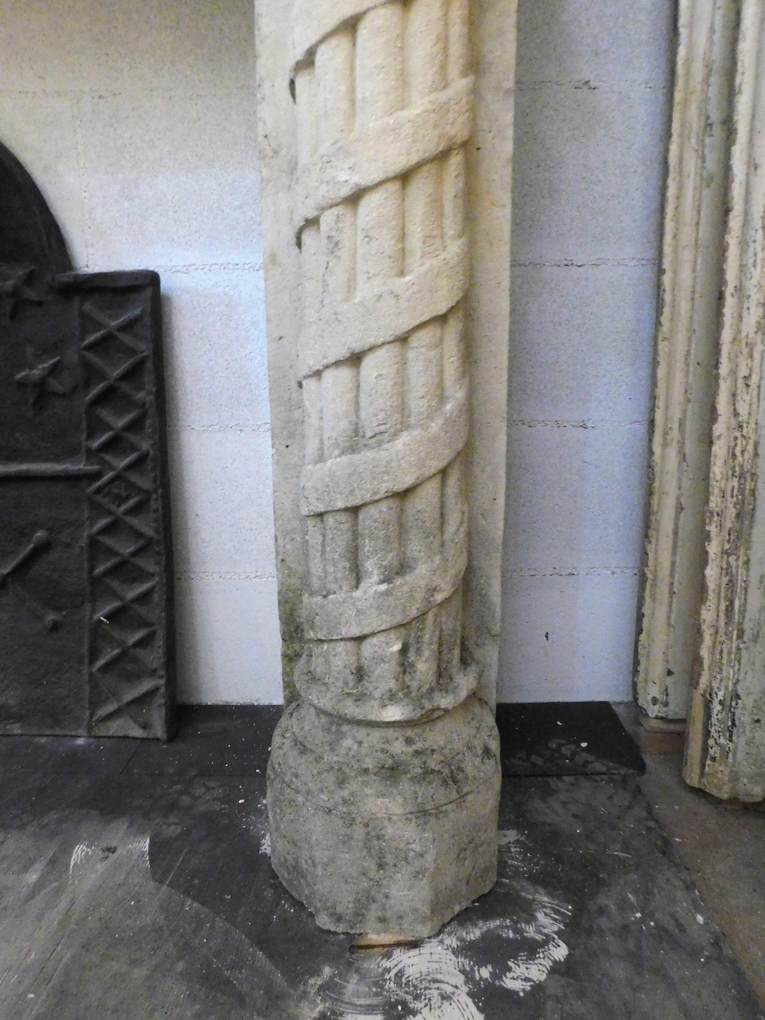 Important Antique Fireplace Mantle in Stone, Hand Carved Columns, '800 Italy For Sale 1