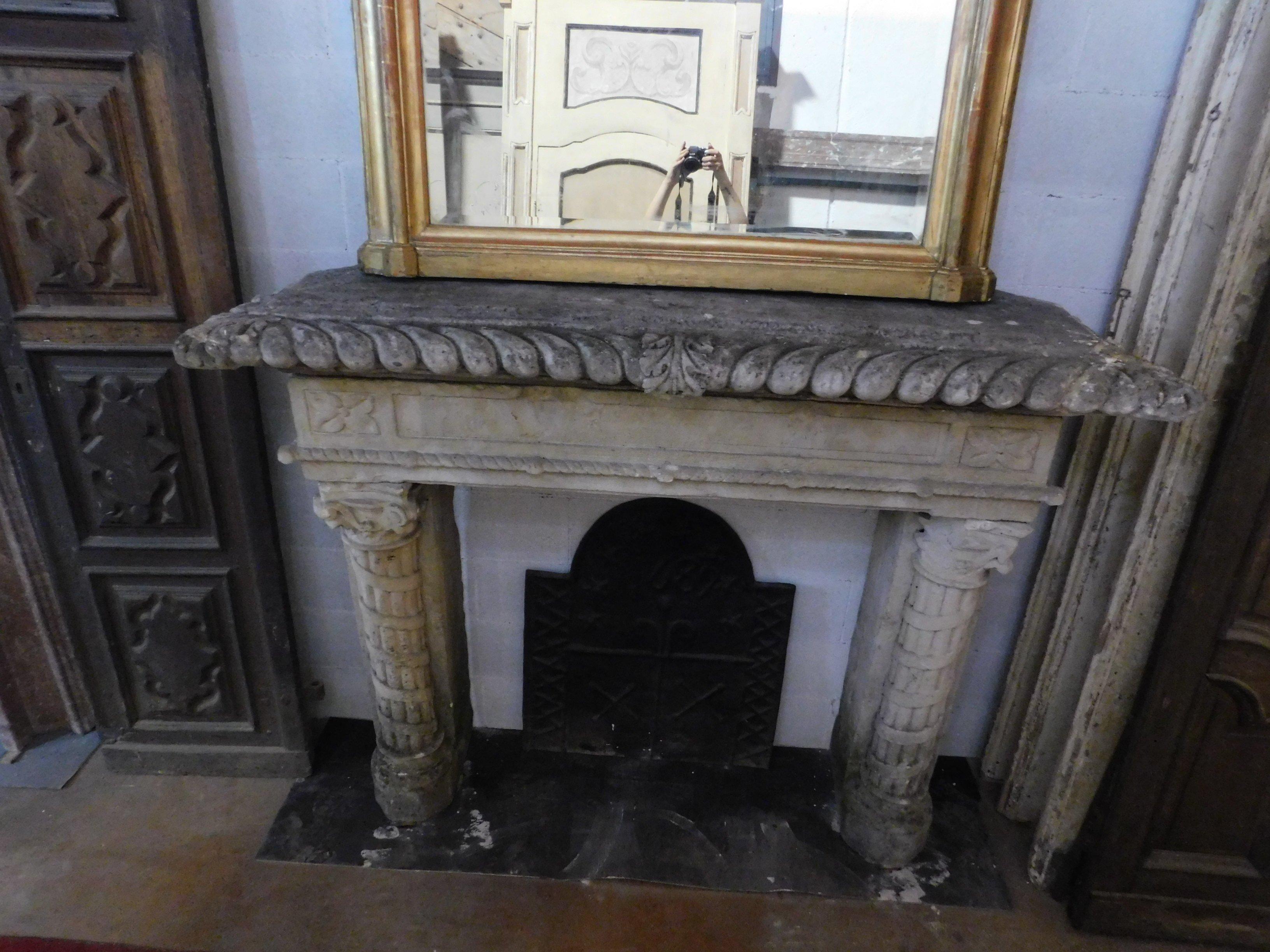 Important Antique Fireplace Mantle in Stone, Hand Carved Columns, '800 Italy For Sale 2