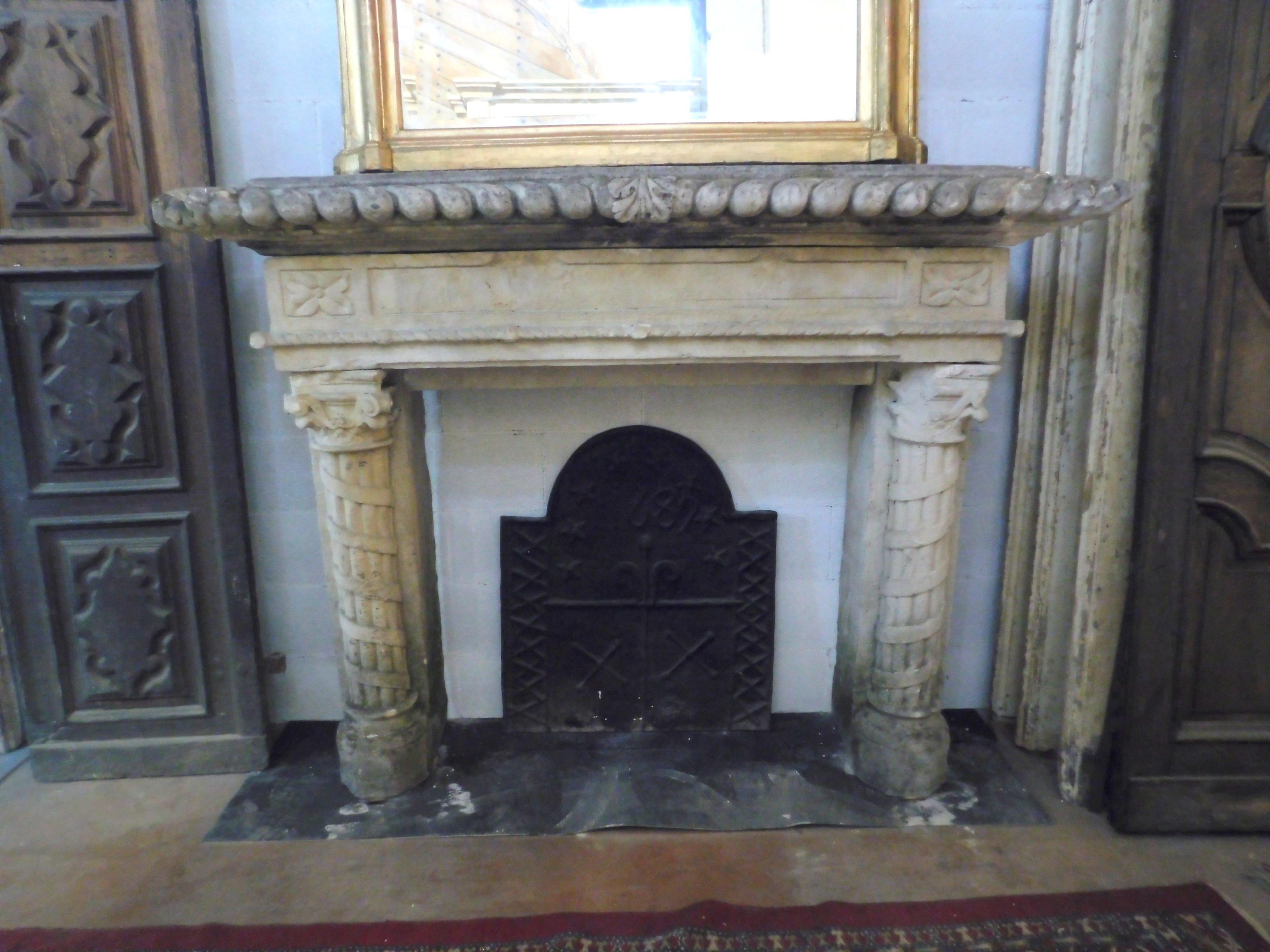 Important Antique Fireplace Mantle in Stone, Hand Carved Columns, '800 Italy For Sale 3