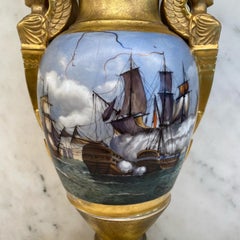Important Antique French Hand Painted Gold Gilt Vase Depicting Ships in Battle