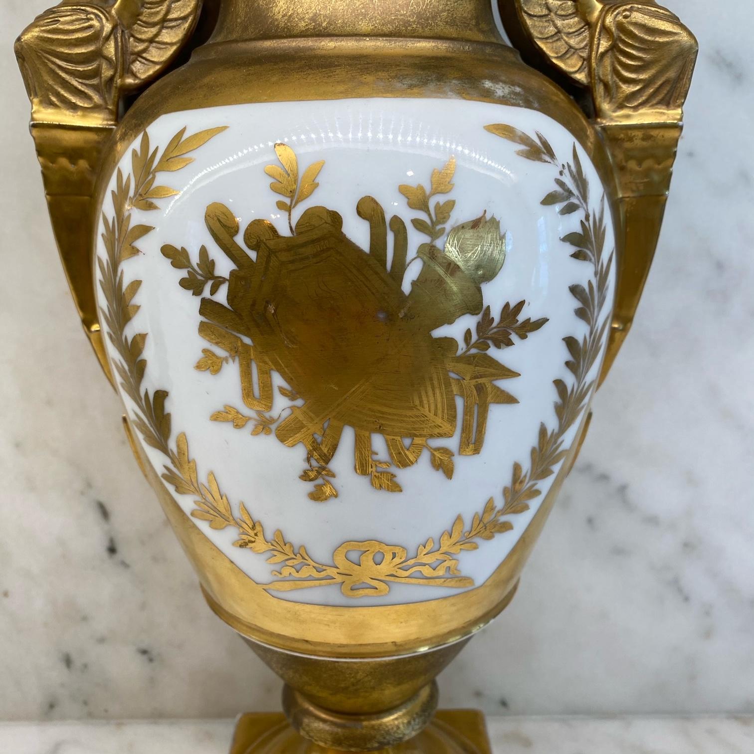 19th Century Important Antique French Hand Painted Gold Gilt Vase Depicting Ships in Battle For Sale