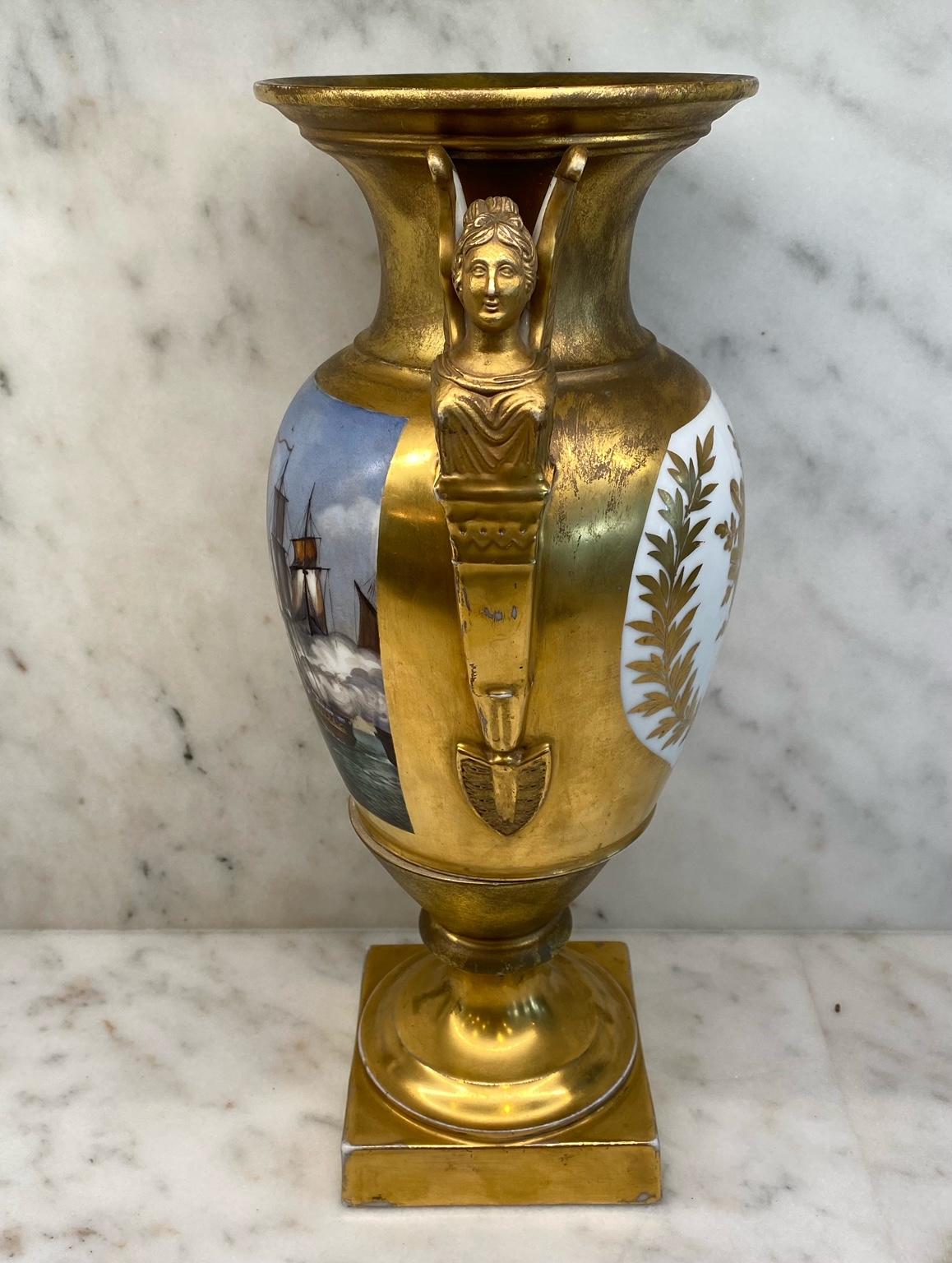 Porcelain Important Antique French Hand Painted Gold Gilt Vase Depicting Ships in Battle For Sale
