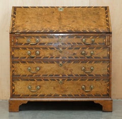 IMPORTANT ANTiQUE GEORGE II 1740 FIGURED WALNUT & HARDWOOD BROWN LEATHER BUREAU