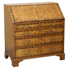 IMPORTANT ANTiQUE GEORGE II 1740 FIGURED WALNUT & HARDWOOD BROWN LEATHER BUREAU