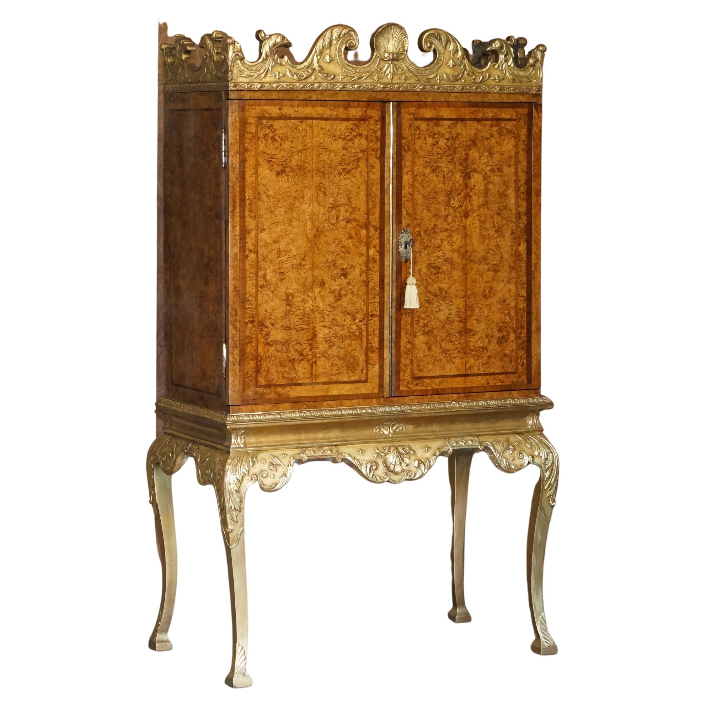 Important Antique George II circa 1740 Mulberry Wood Giltwood Drinks Cabinet For Sale