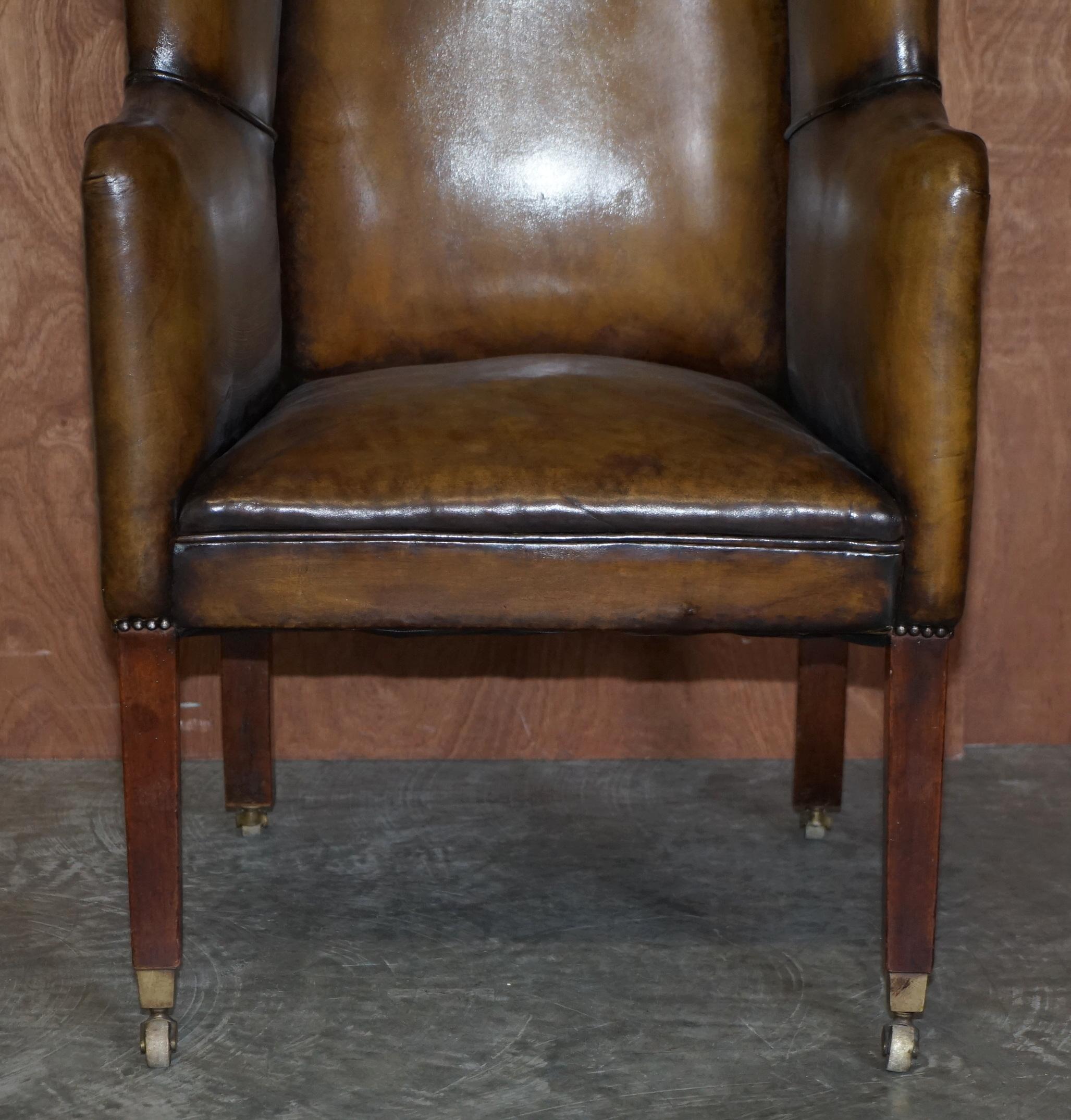 Important Antique Georgian circa 1780 Porters Wingback Armchair Brown Leather 5