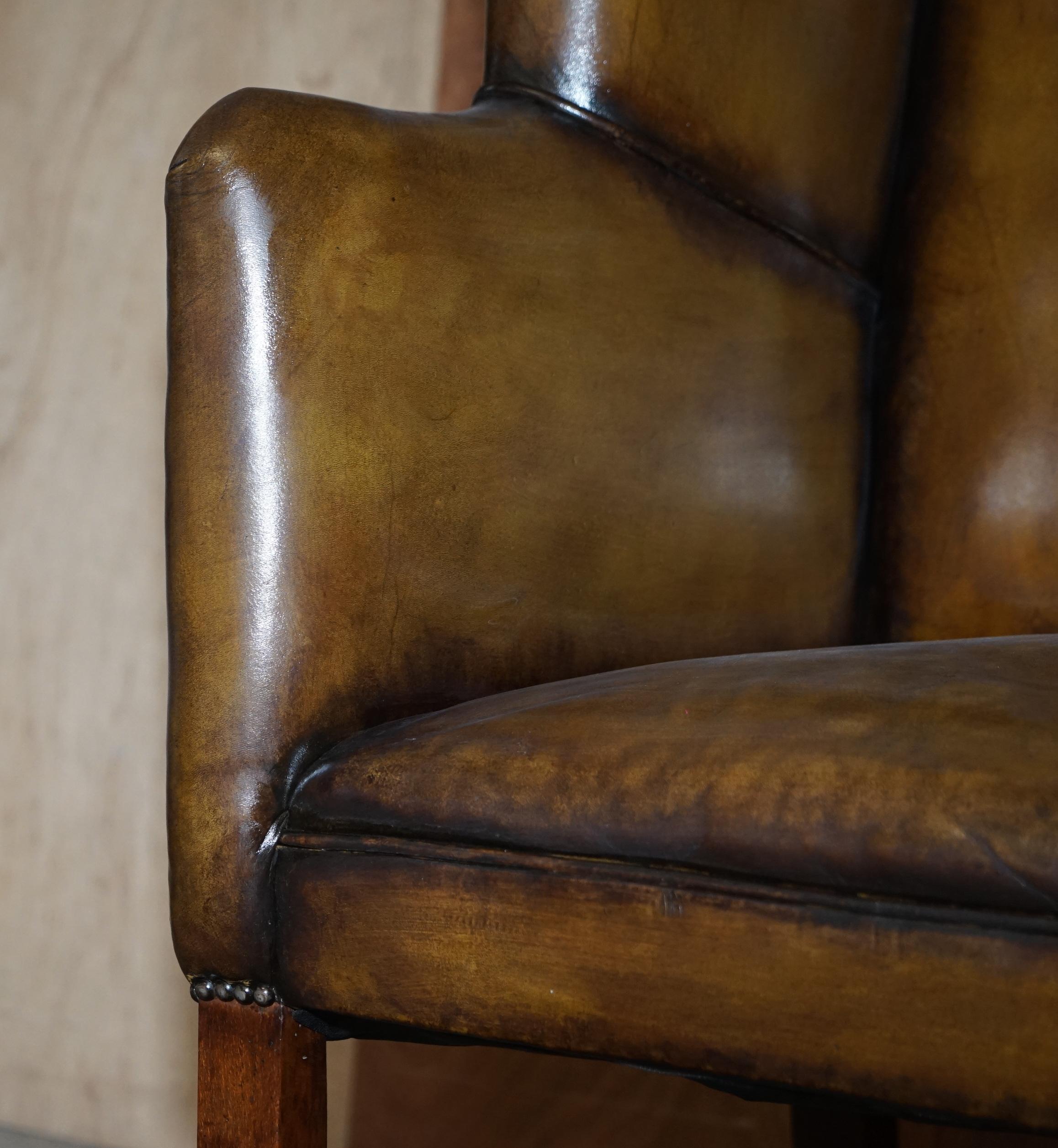 Important Antique Georgian circa 1780 Porters Wingback Armchair Brown Leather 7