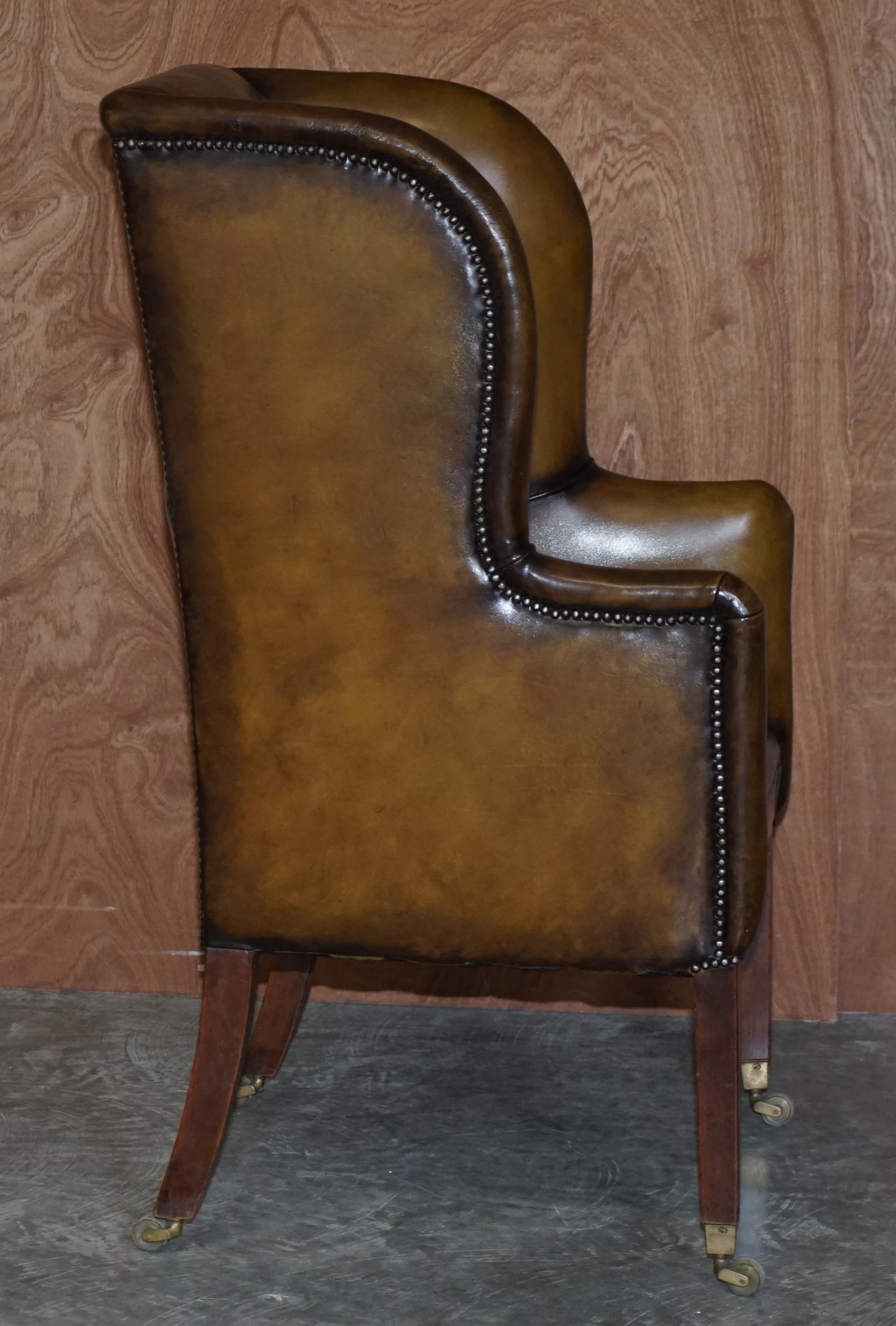 Important Antique Georgian circa 1780 Porters Wingback Armchair Brown Leather 8