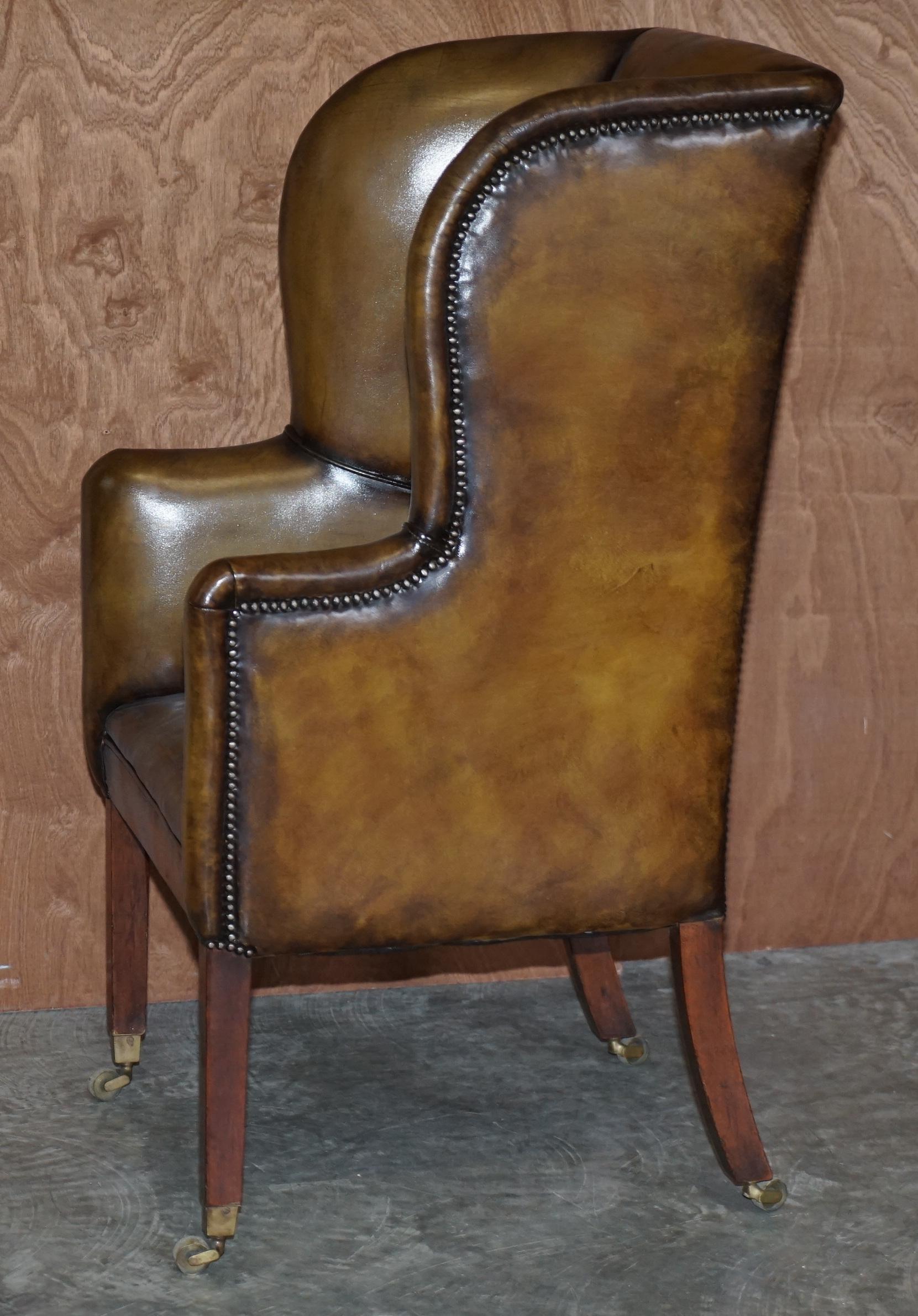 Important Antique Georgian circa 1780 Porters Wingback Armchair Brown Leather 10