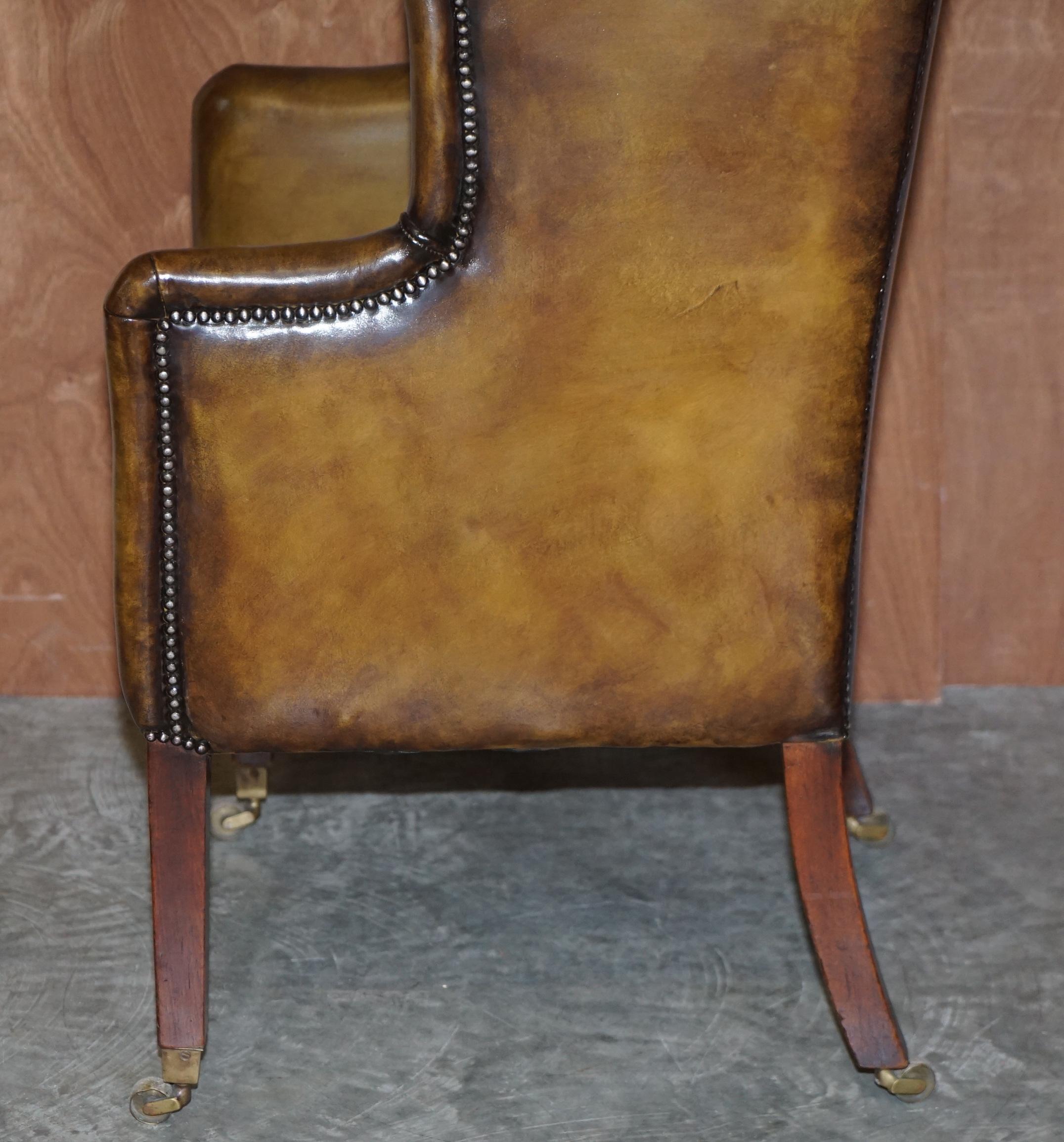 Important Antique Georgian circa 1780 Porters Wingback Armchair Brown Leather 11