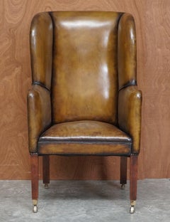 Important Antique Georgian circa 1780 Porters Wingback Armchair Brown Leather