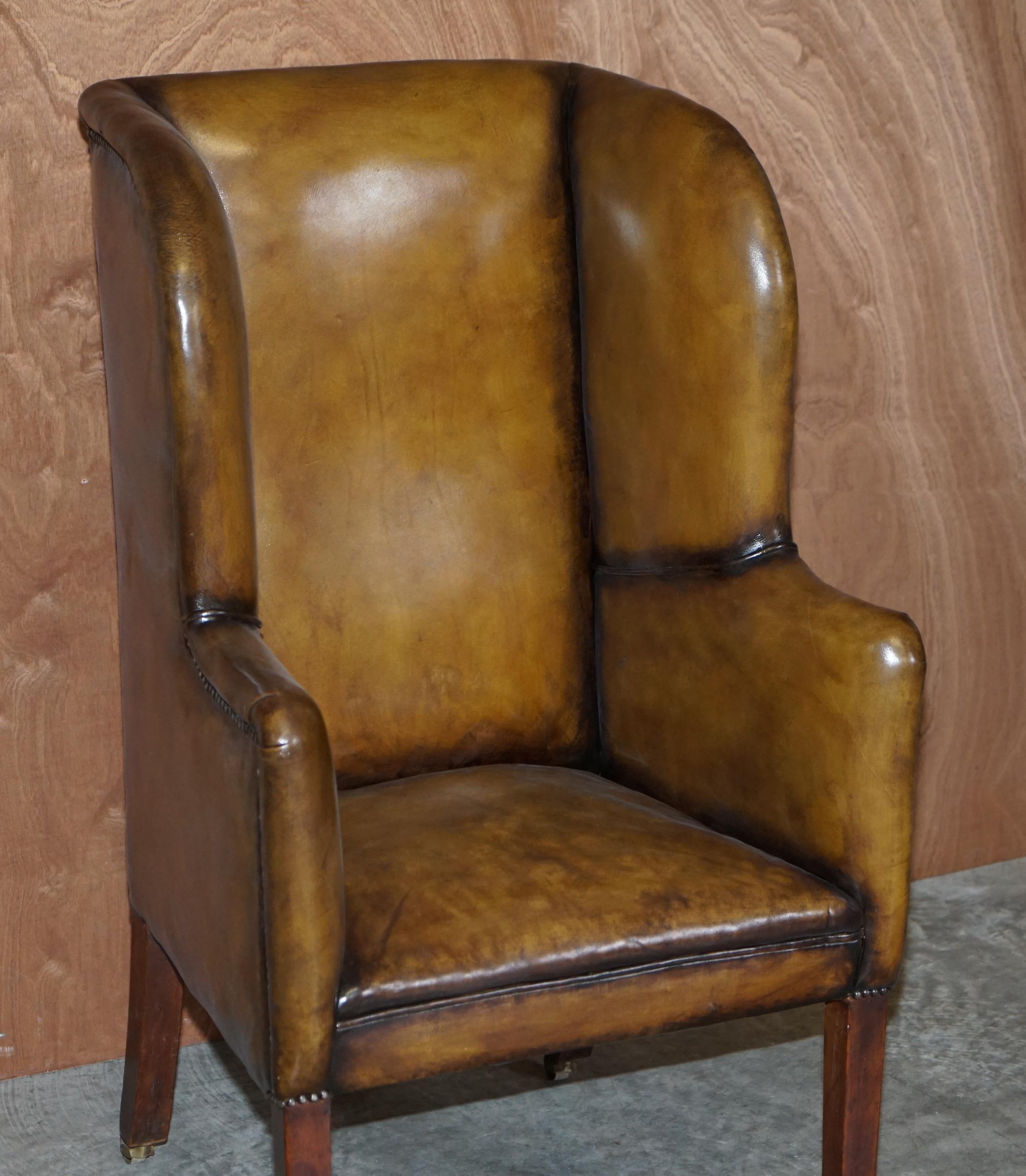 Hand-Crafted Important Antique Georgian circa 1780 Porters Wingback Armchair Brown Leather
