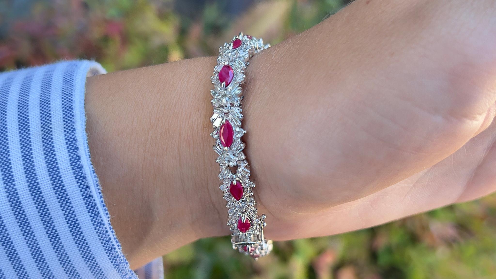 Art Deco Important Antique Marquise Ruby and Diamond Bracelet 12 Carats For Sale