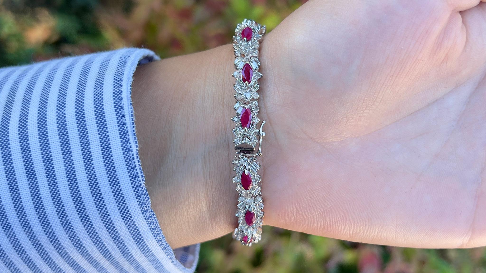 Marquise Cut Important Antique Marquise Ruby and Diamond Bracelet 12 Carats For Sale