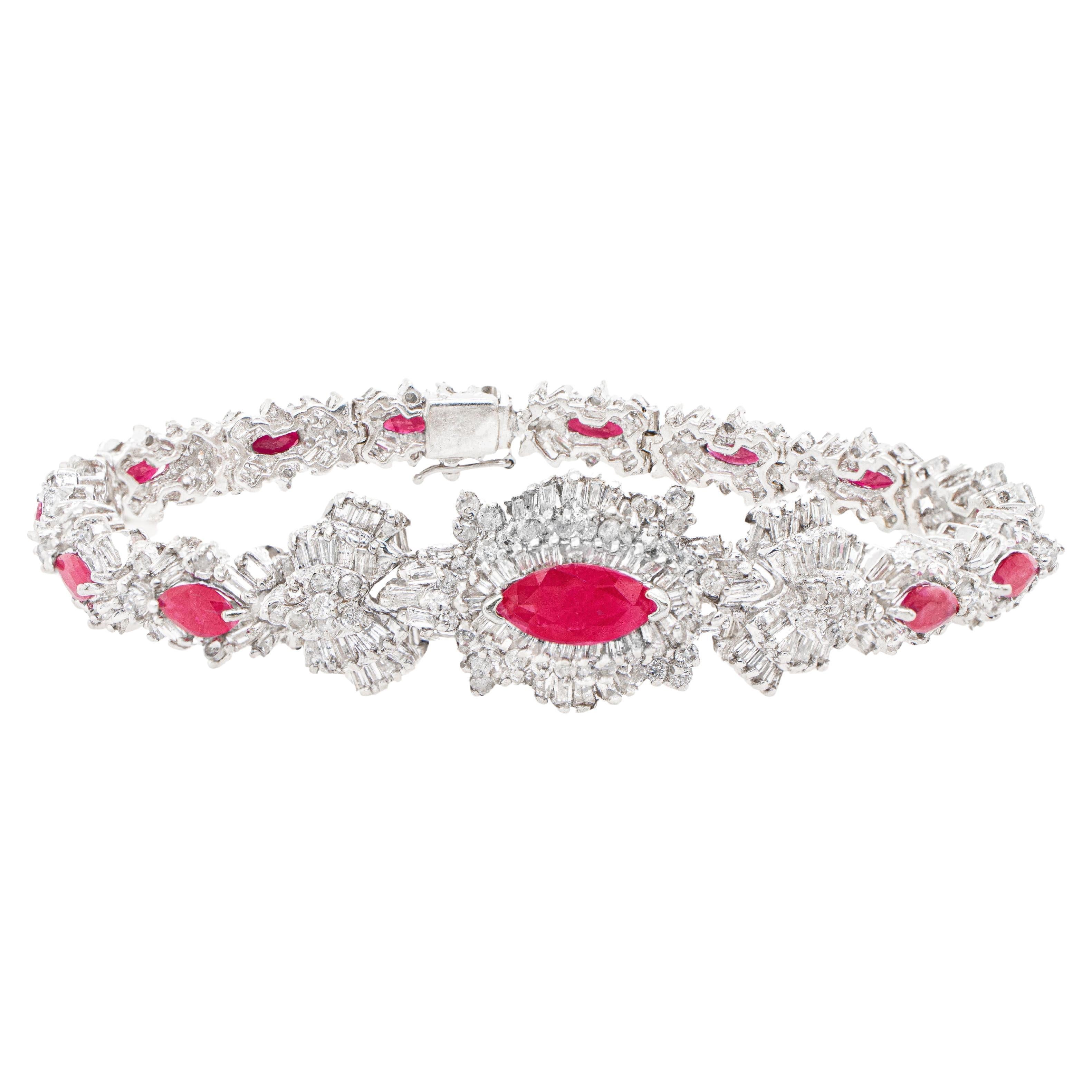 Important Antique Marquise Ruby and Diamond Bracelet 12 Carats For Sale