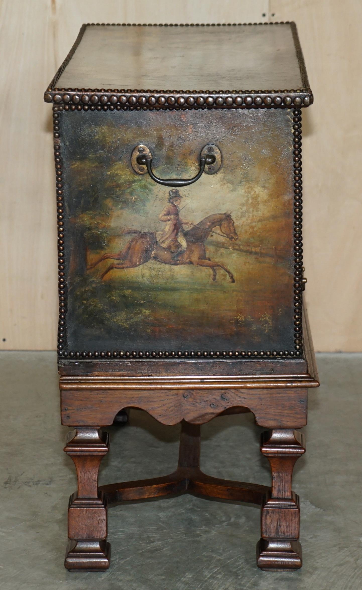 Important Antique Museum Quality Equestrian Leather Clad Painted Chest on Stand For Sale 4