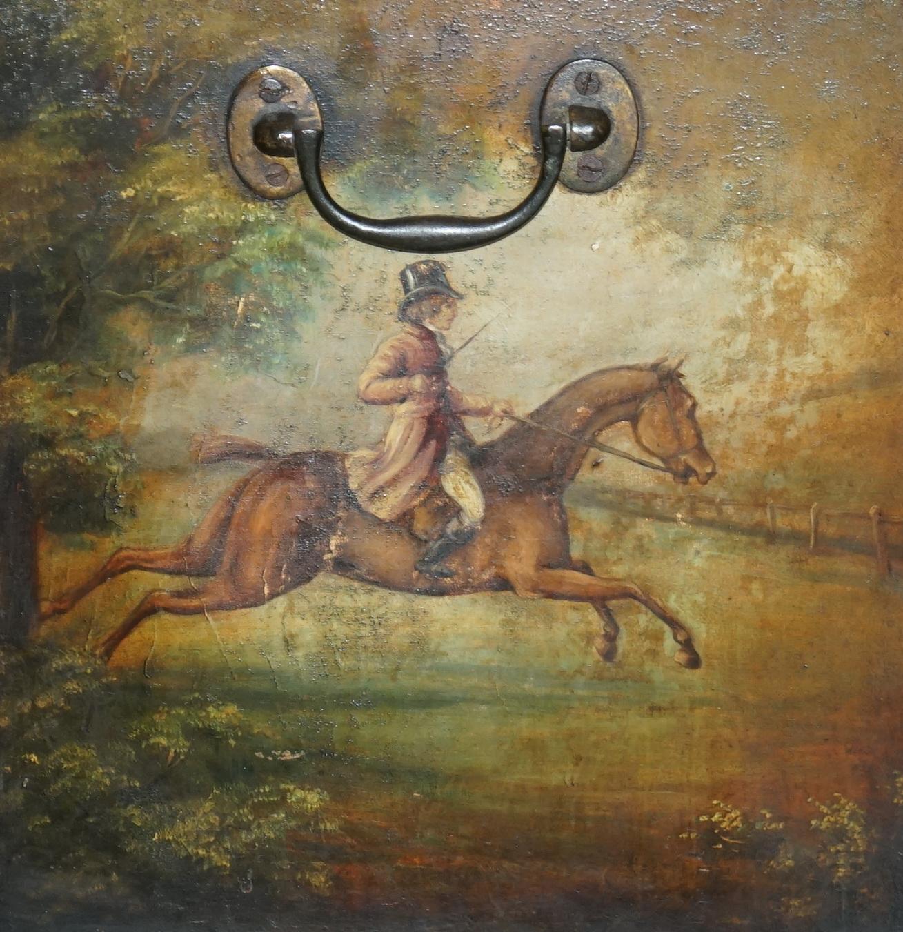 Wichtige antike Museum Qualität Equestrian Leder gekleidet gemalt Truhe auf Stand im Angebot 6