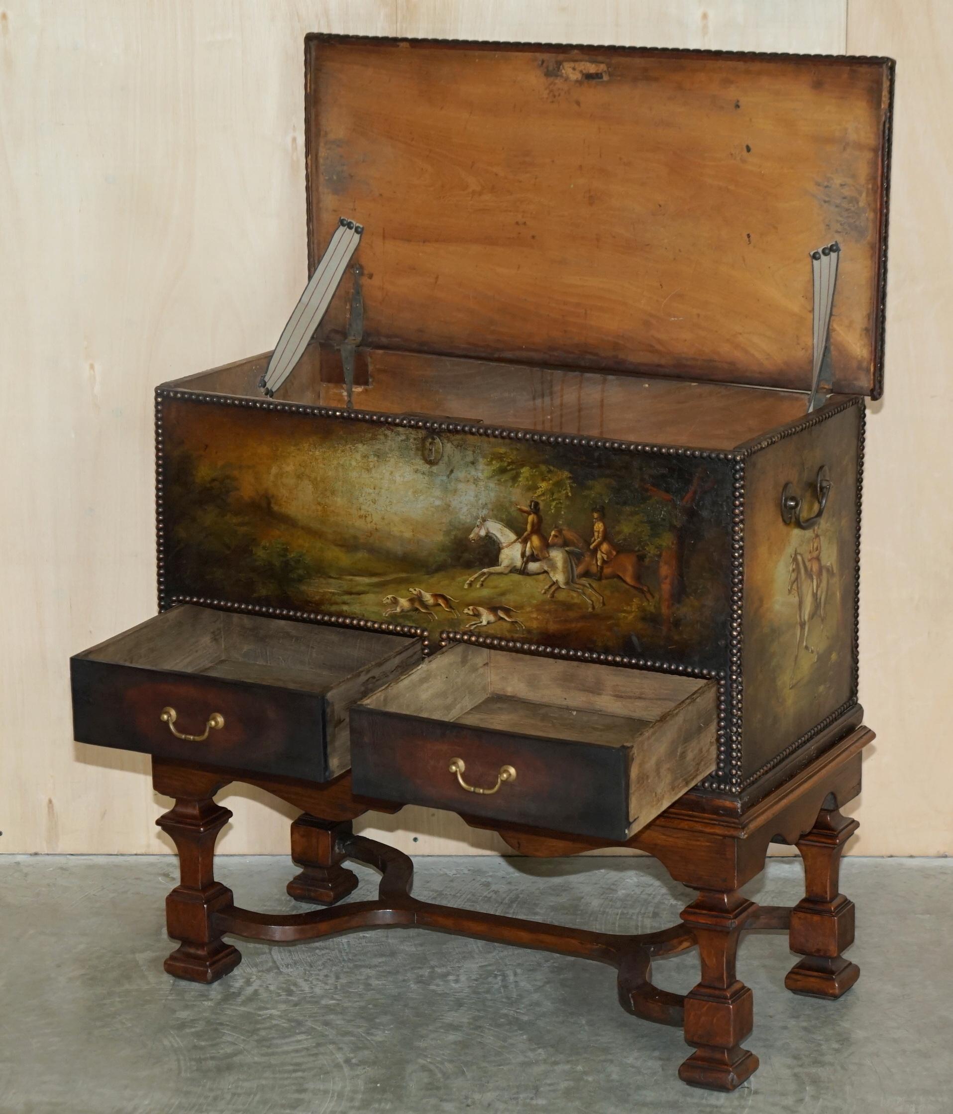 Important Antique Museum Quality Equestrian Leather Clad Painted Chest on Stand For Sale 9