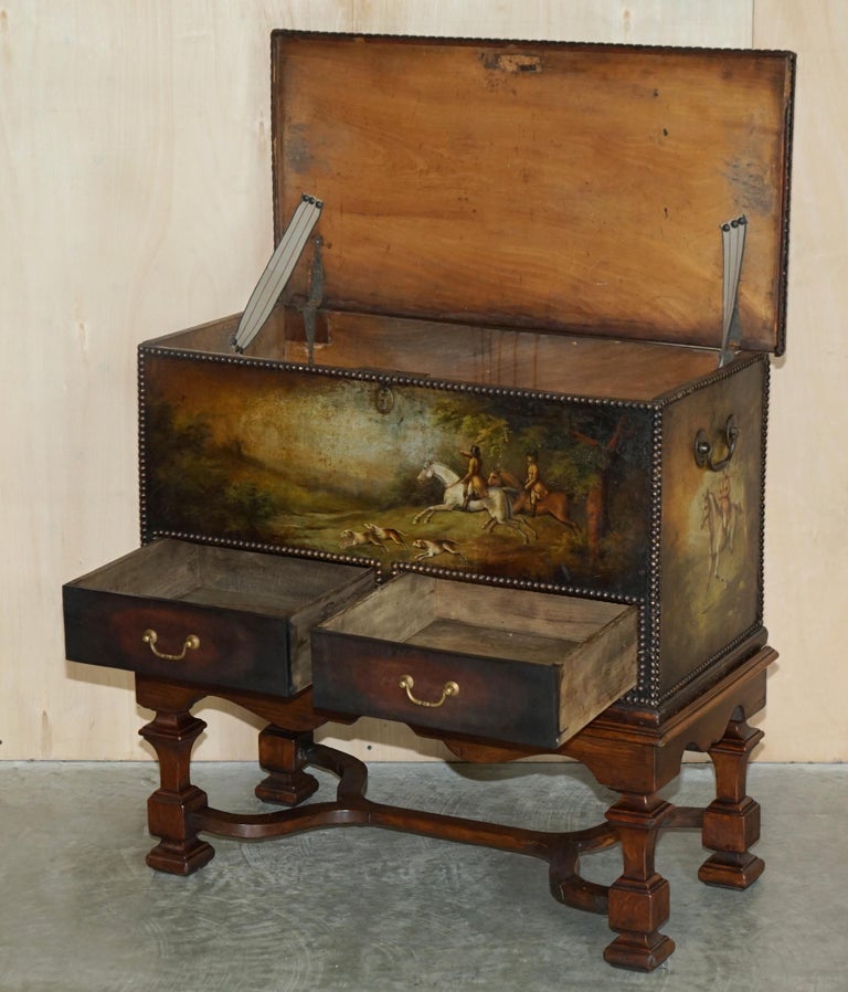 Important Antique Museum Quality Equestrian Leather Clad Painted Chest on Stand For Sale 10