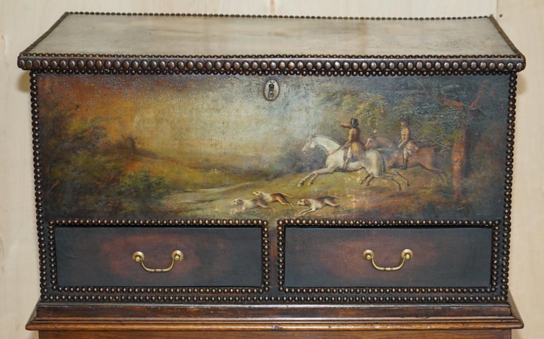 English Important Antique Museum Quality Equestrian Leather Clad Painted Chest on Stand For Sale