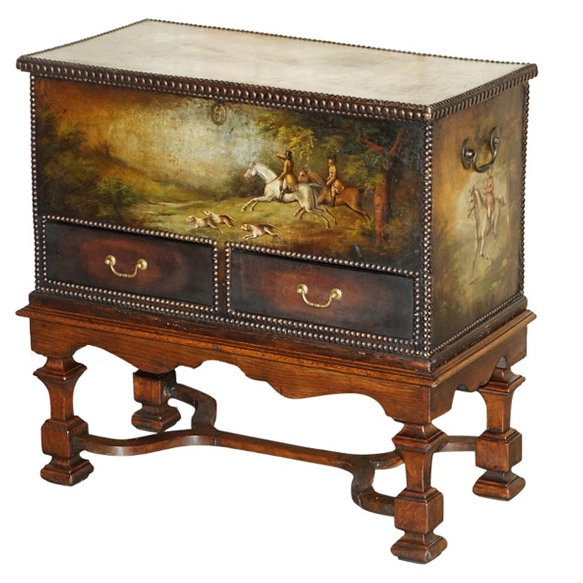 Important Antique Museum Quality Equestrian Leather Clad Painted Chest on Stand