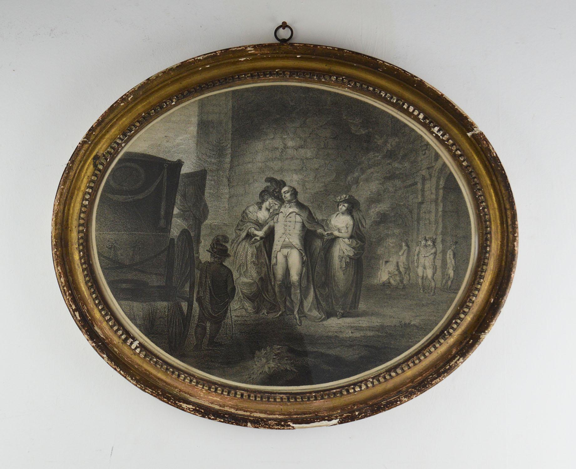 Maravilloso grabado oval punteado según James Gillray

Muestra el encuentro del coronel Gardiner con sus hijas antes de la batalla de Prestonpans. Con el castillo de Sterling como telón de fondo

En el marco dorado original

Publicado por Wilkinson,