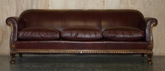 Important Antique Victorian Claw & Ball Feet Brown Leather Walnut Club Sofa