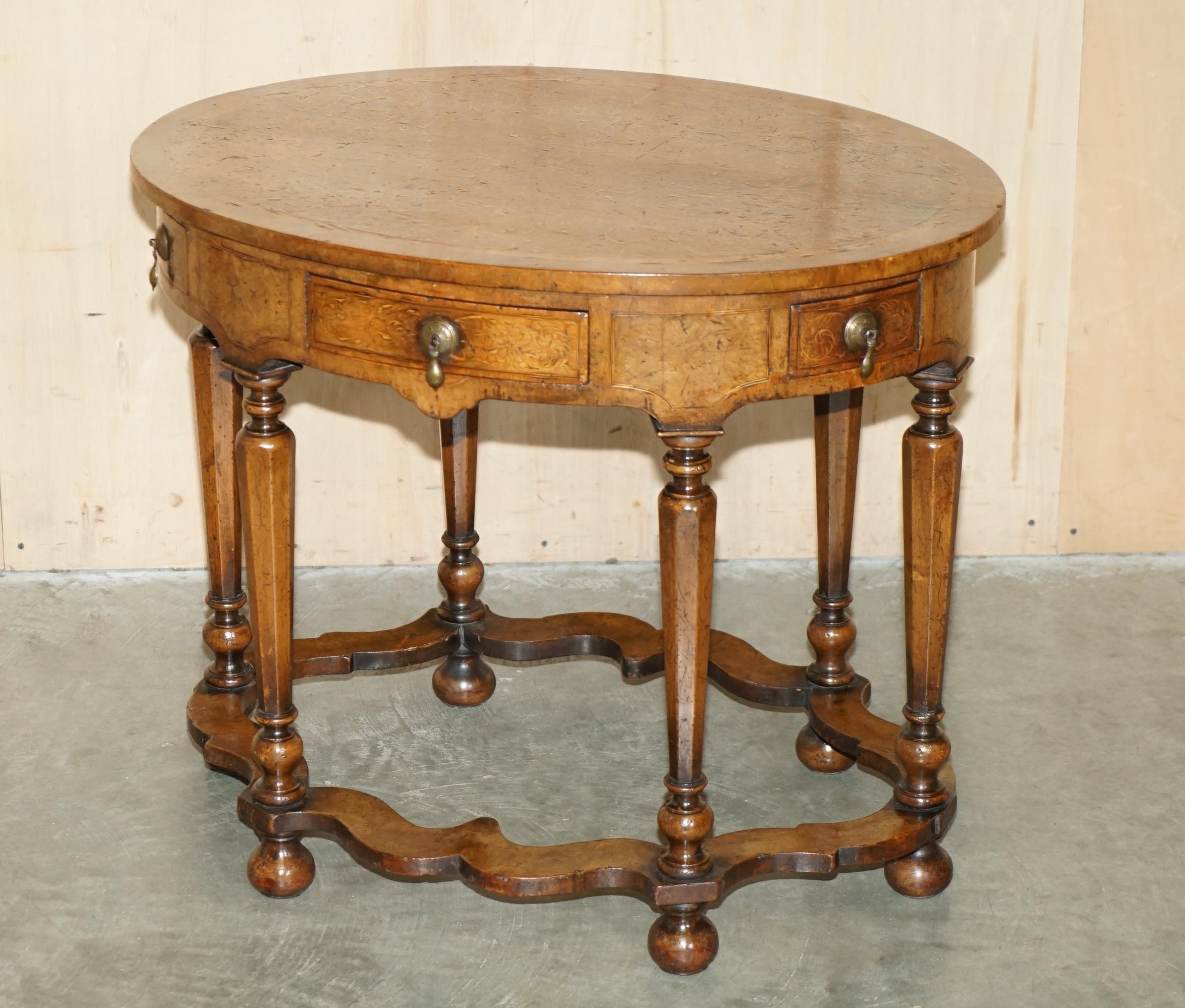 Royal House Antiques

Royal House Antiques is delighted to offer for sale this exquisite, hand made in England, William & Mary circa 1700 Seaweed Marquetry oval centre table on a oak frame which has been fully restored and French polished  

Please