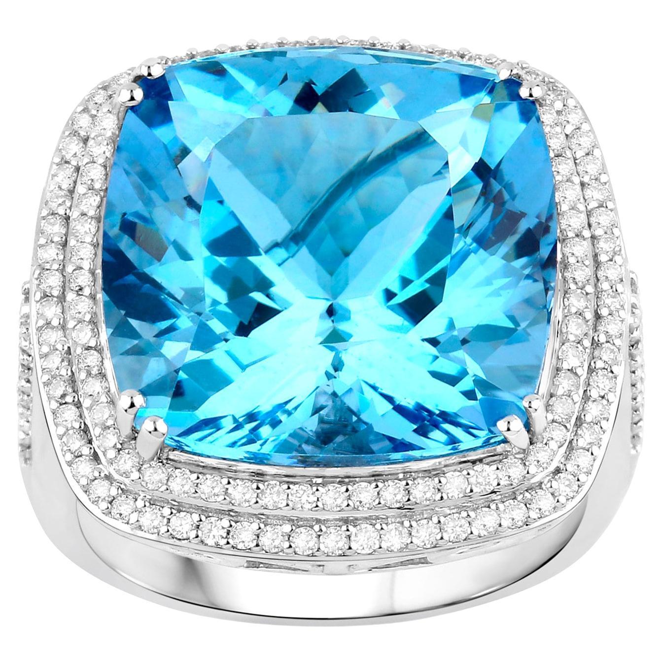Important Aquamarine Cocktail Ring Double Diamond Halo 13.5 Carats For Sale