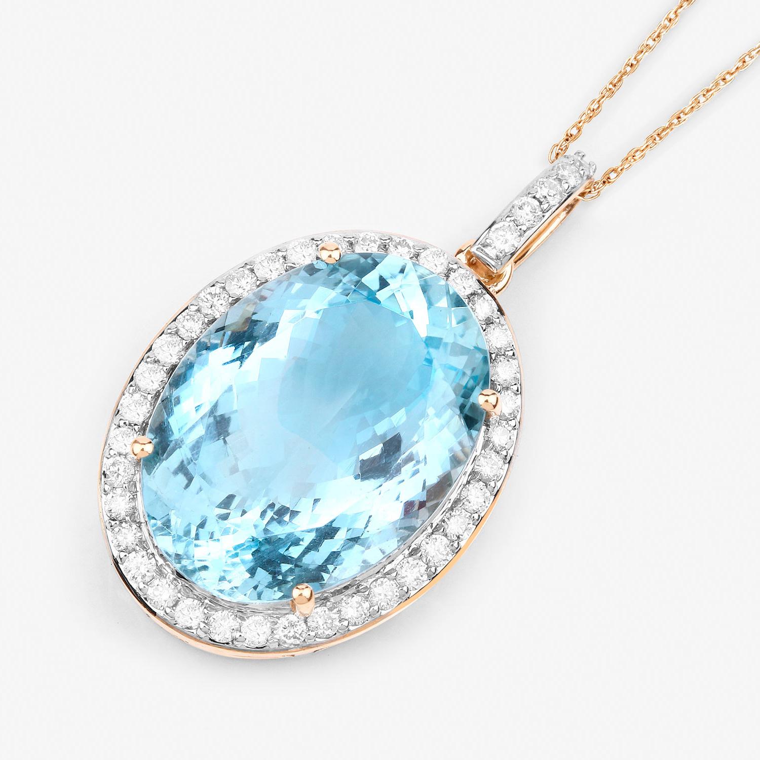 Oval Cut Important Aquamarine Pendant Necklace With Diamonds 13.62 Carats 14K Gold For Sale