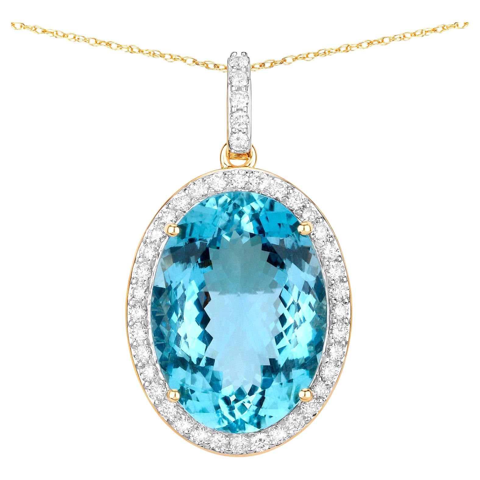 Important Aquamarine Pendant Necklace With Diamonds 13.62 Carats 14K Gold For Sale